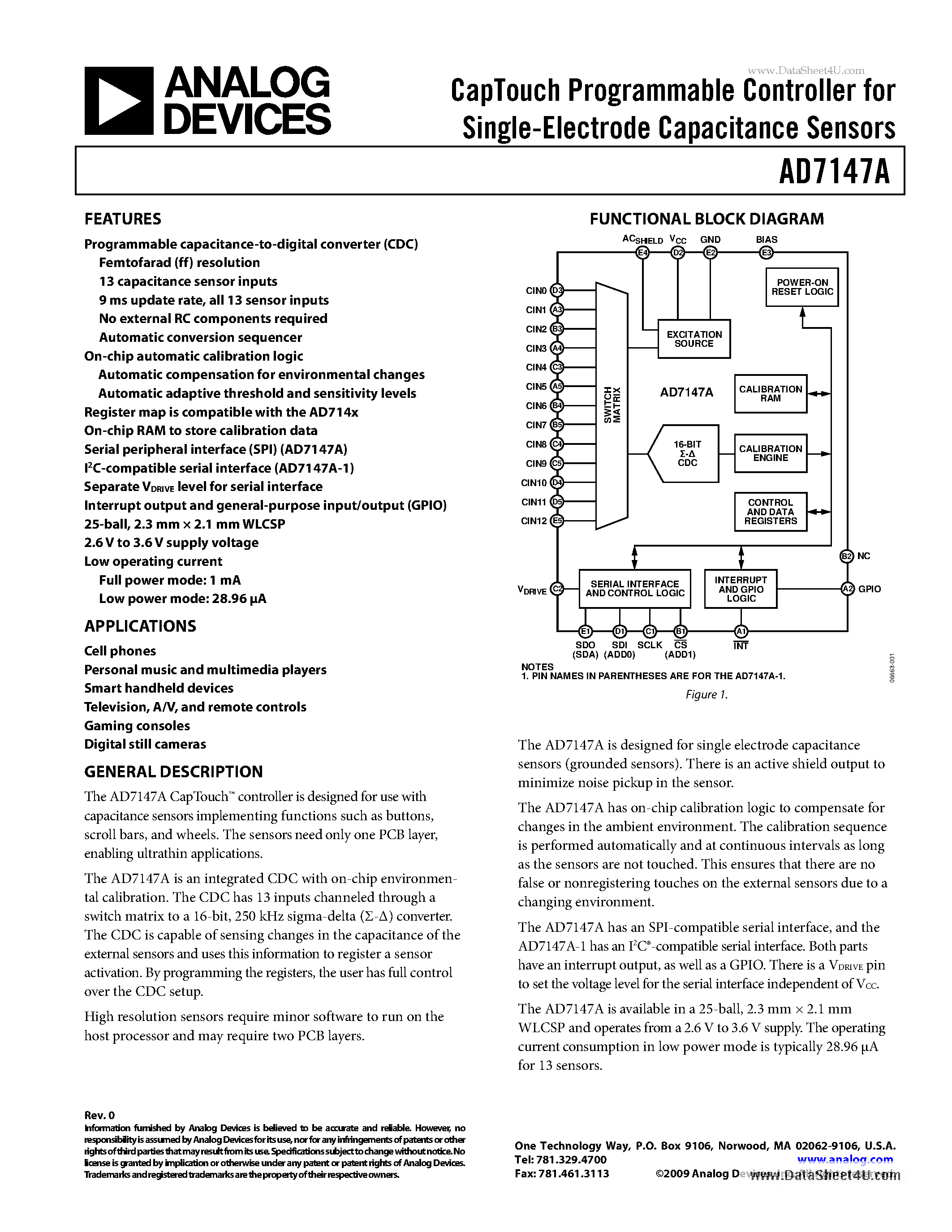 Даташит AD7147A - CapTouch Programmable Controller страница 1