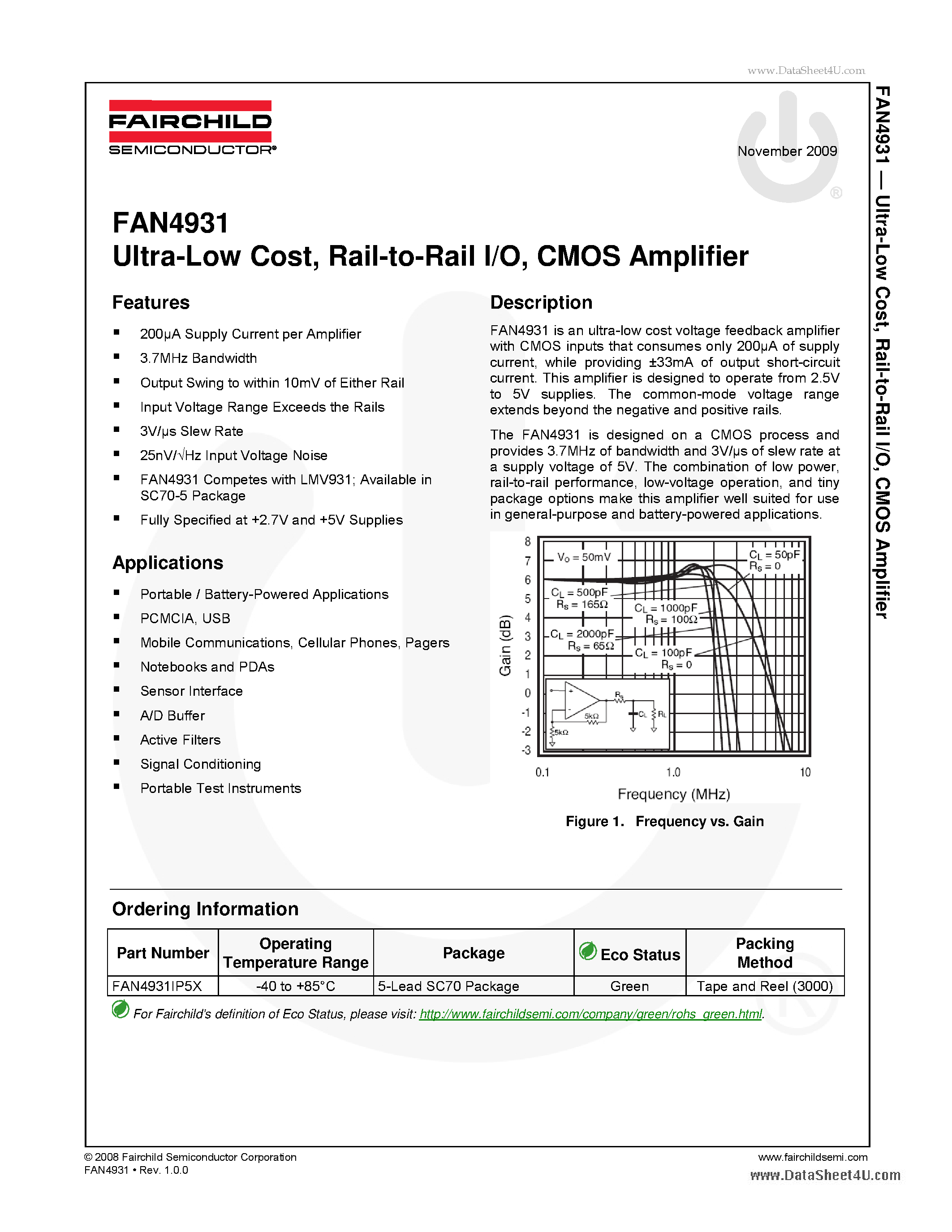 Datasheet FAN4931 - Ultra-Low Cost - Rail To Rail I/O for CMOS Amplifier page 1