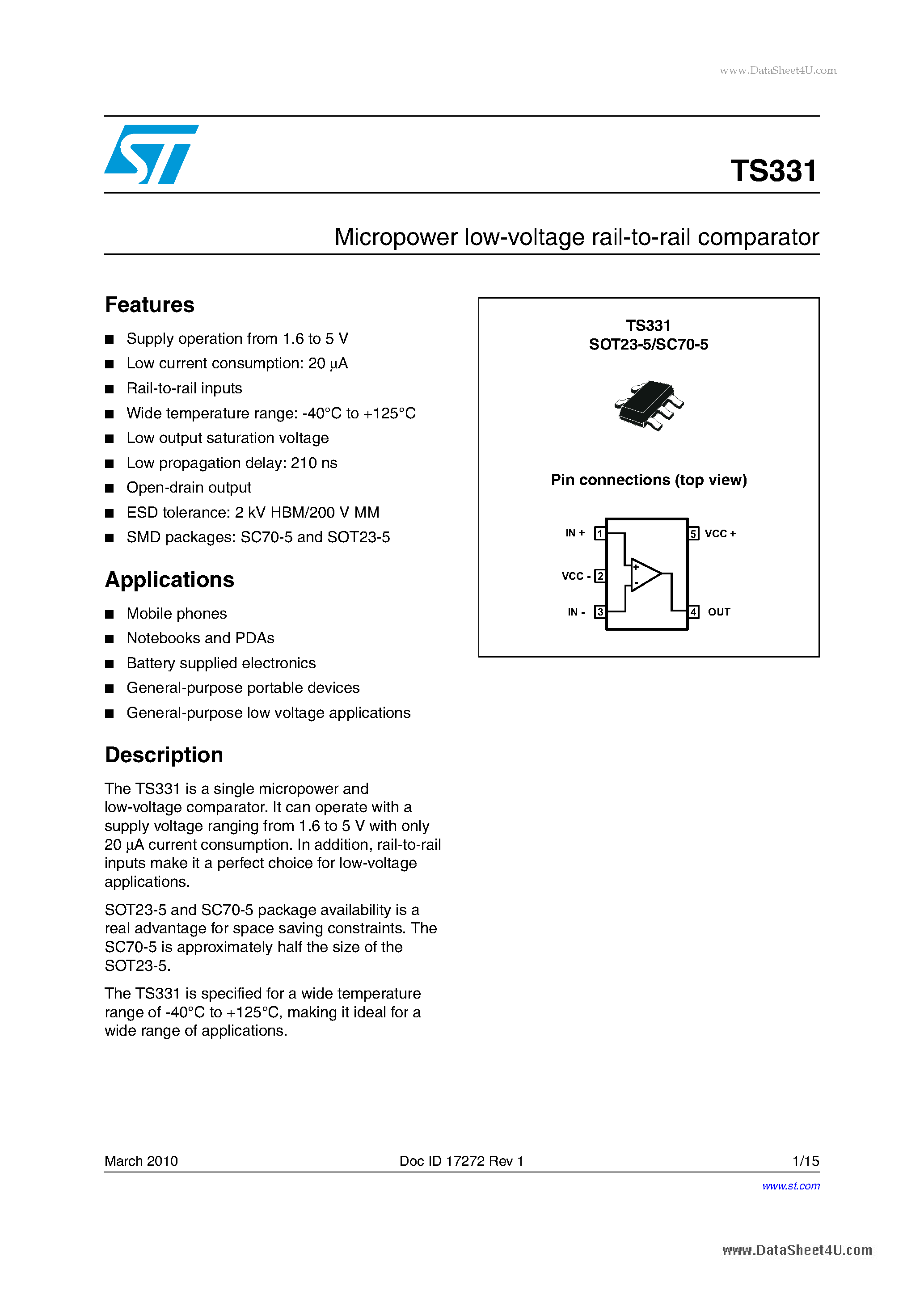 Datasheet TS331 page 1 Datasheet TS331 - Micropower low-voltage rail-to-rail comparator page 1