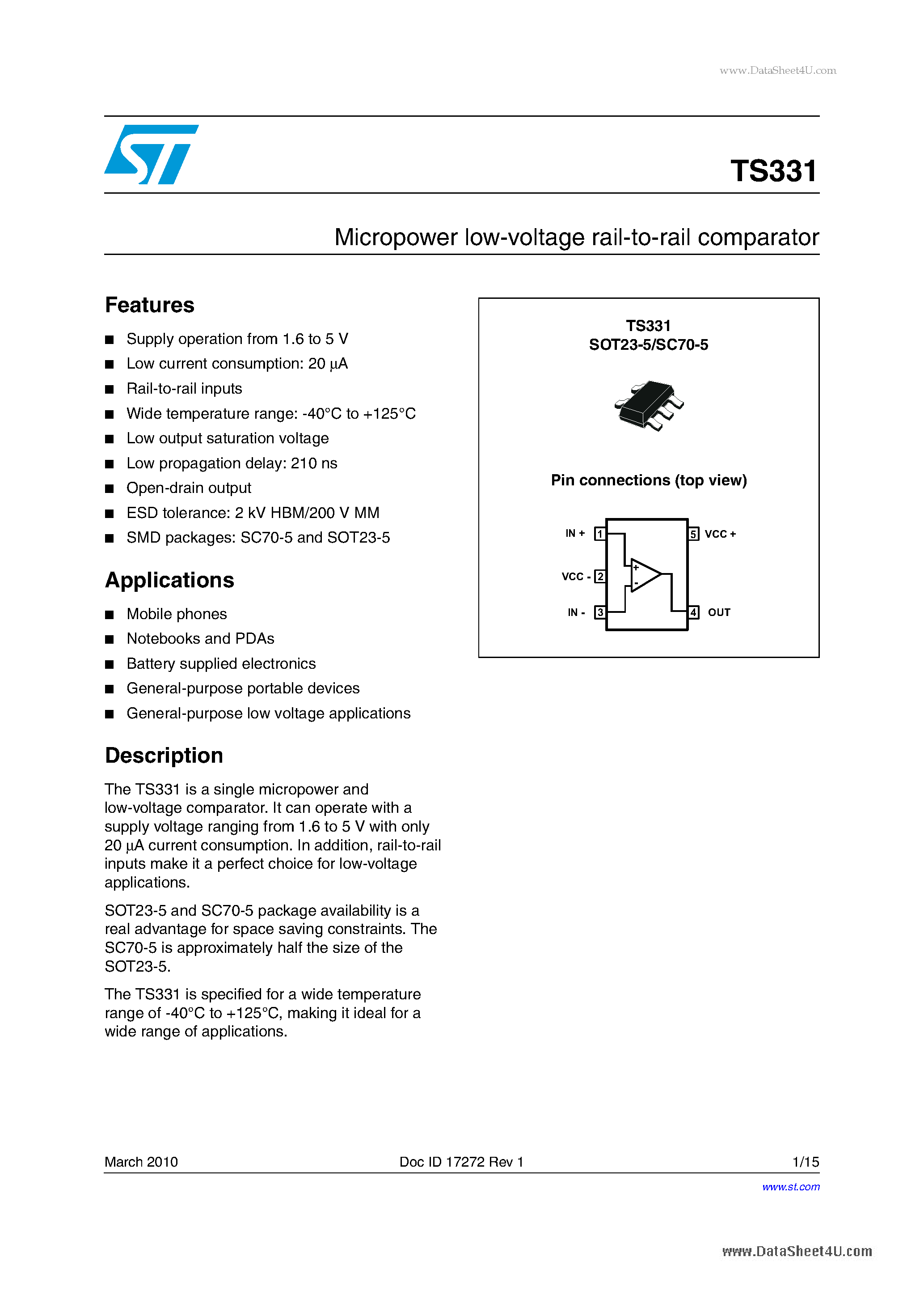 Datasheet TS331 - Micropower low-voltage rail-to-rail comparator page 1