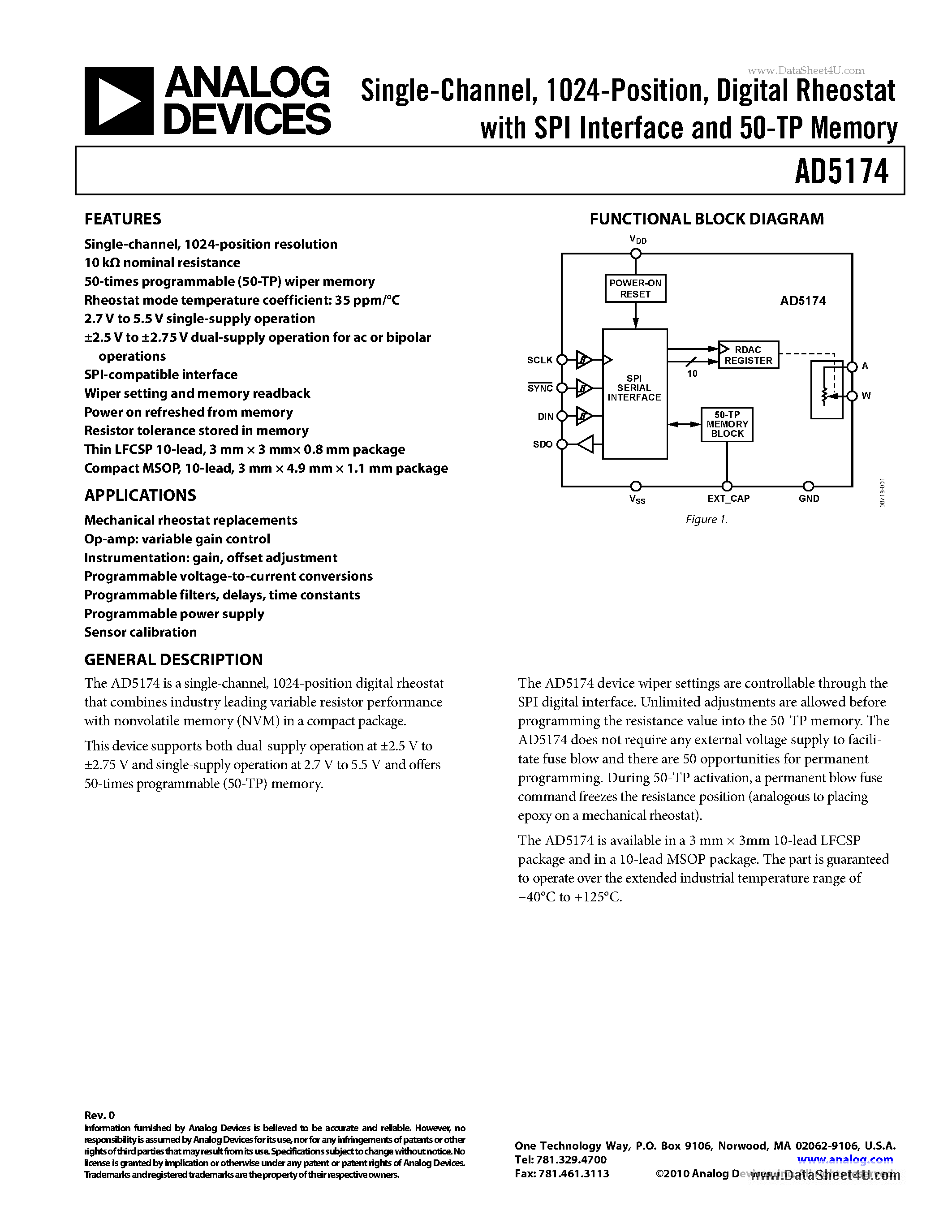 Даташит AD5174 - Digital Rheostat With SPI Interface And 50-TP Memory страница 1