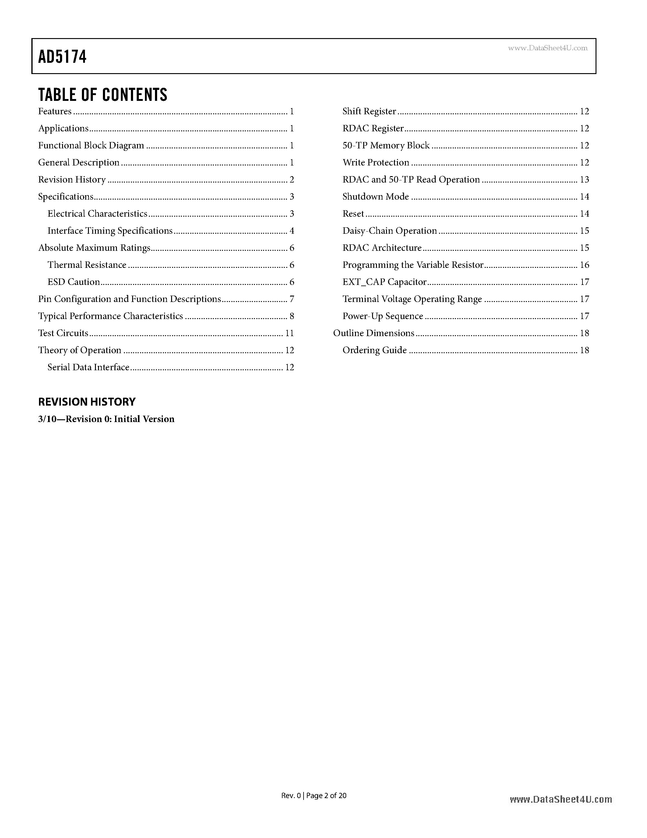 Даташит AD5174 - Digital Rheostat With SPI Interface And 50-TP Memory страница 2