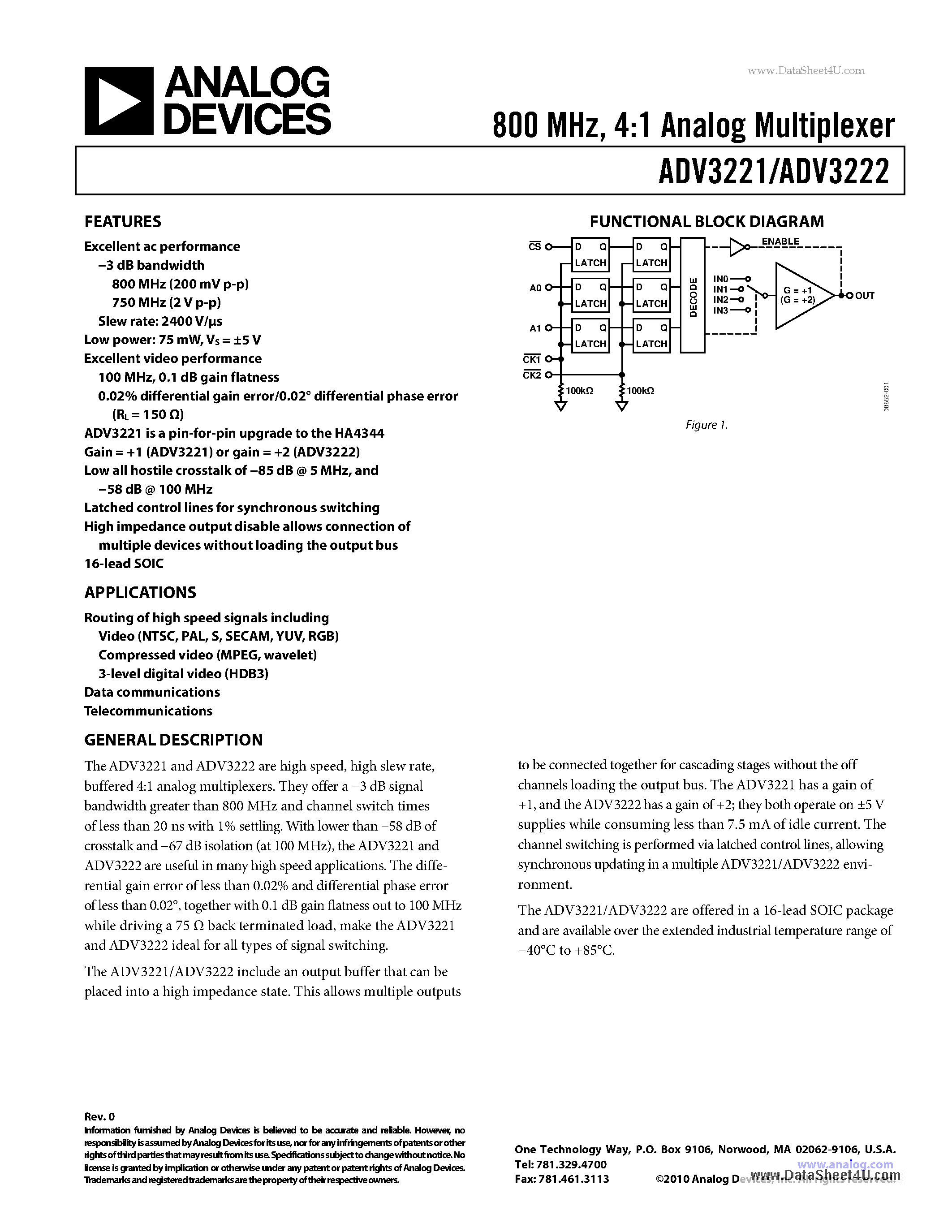 Datasheet ADV3221 - 4:1 Analog Multiplexer page 1