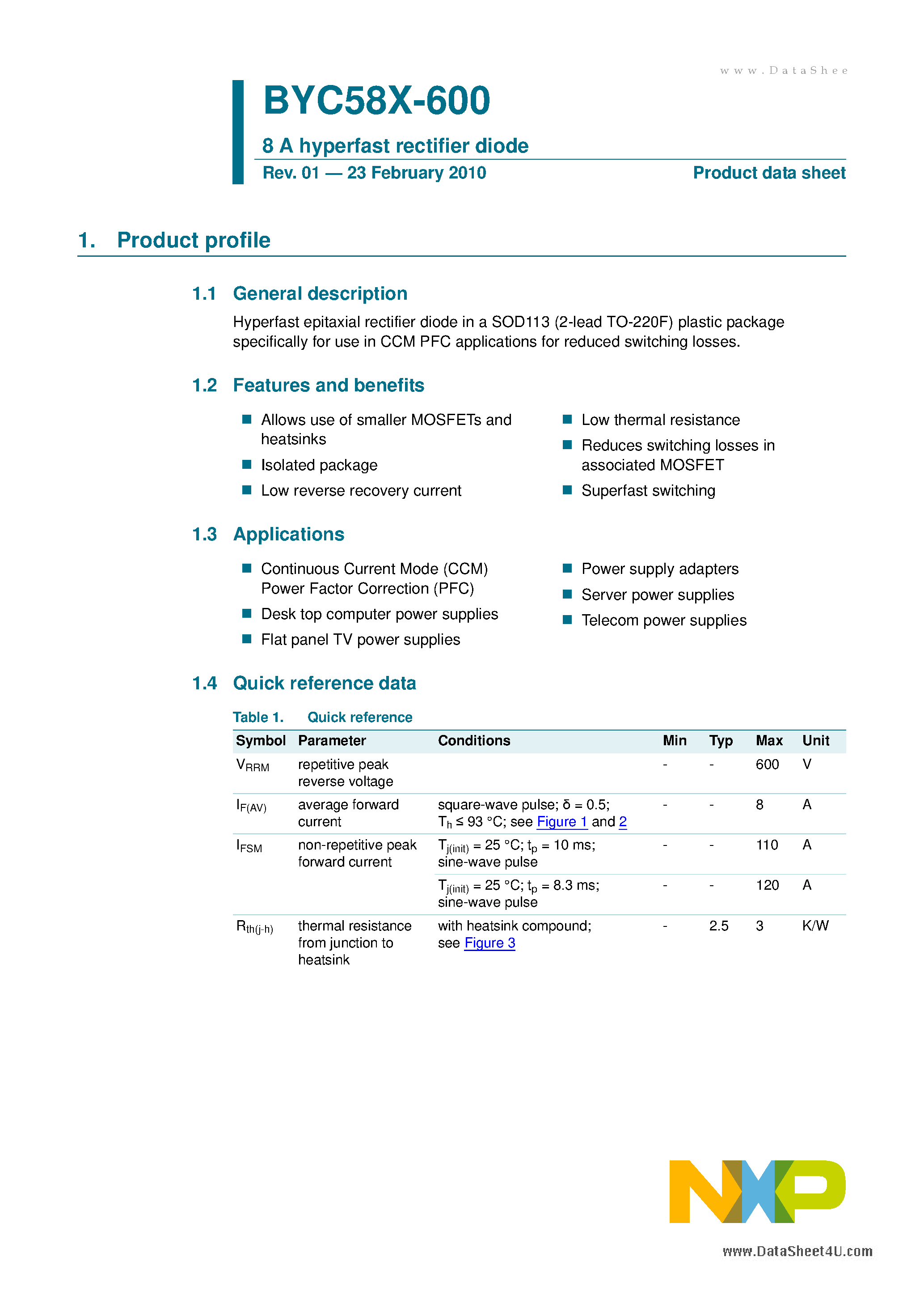 Datasheet BYC58X-600 - 8 A Hyperfast Rectifier Diode page 1