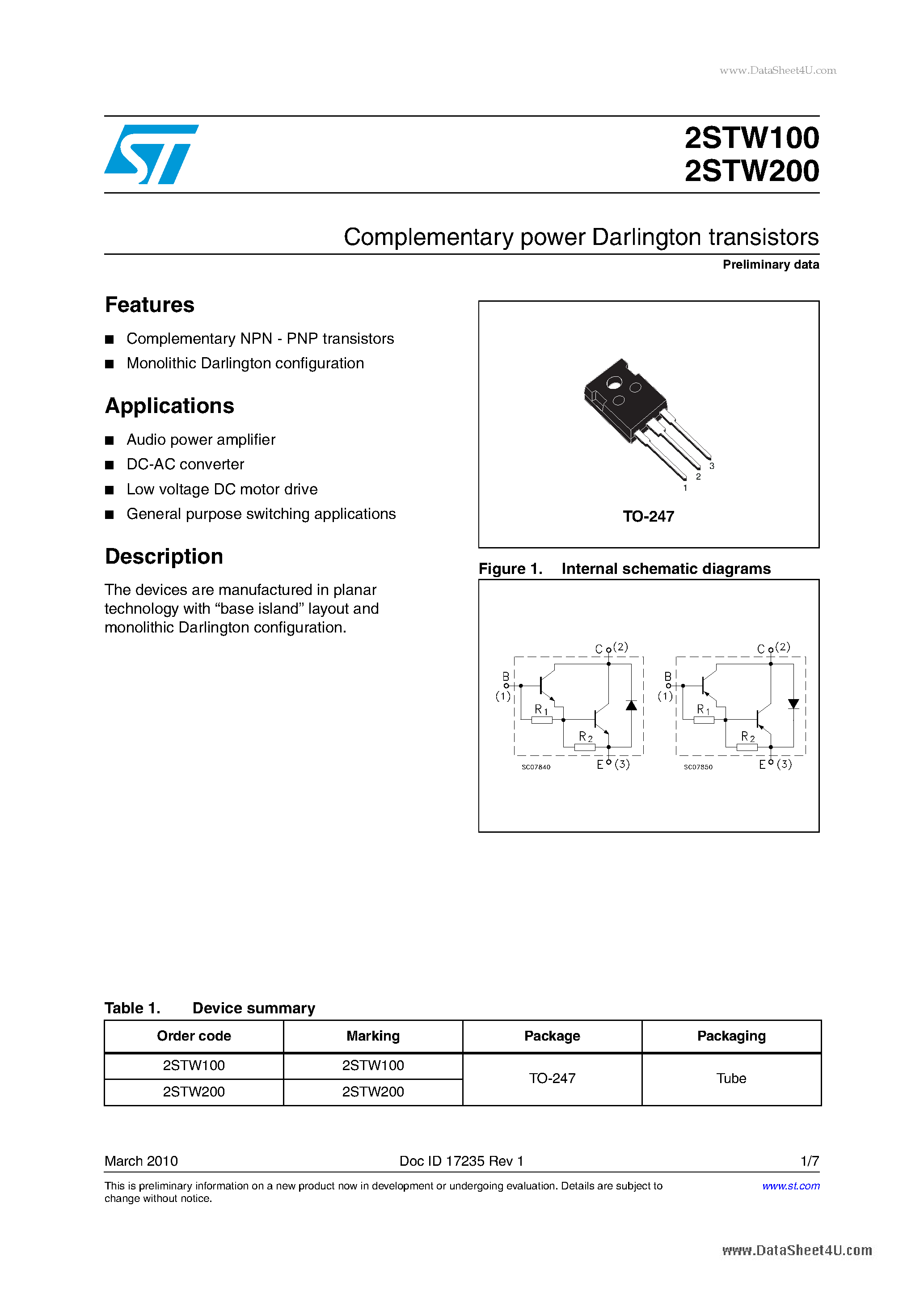 Даташит 2STW100 - Complementary power Darlington transistors страница 1