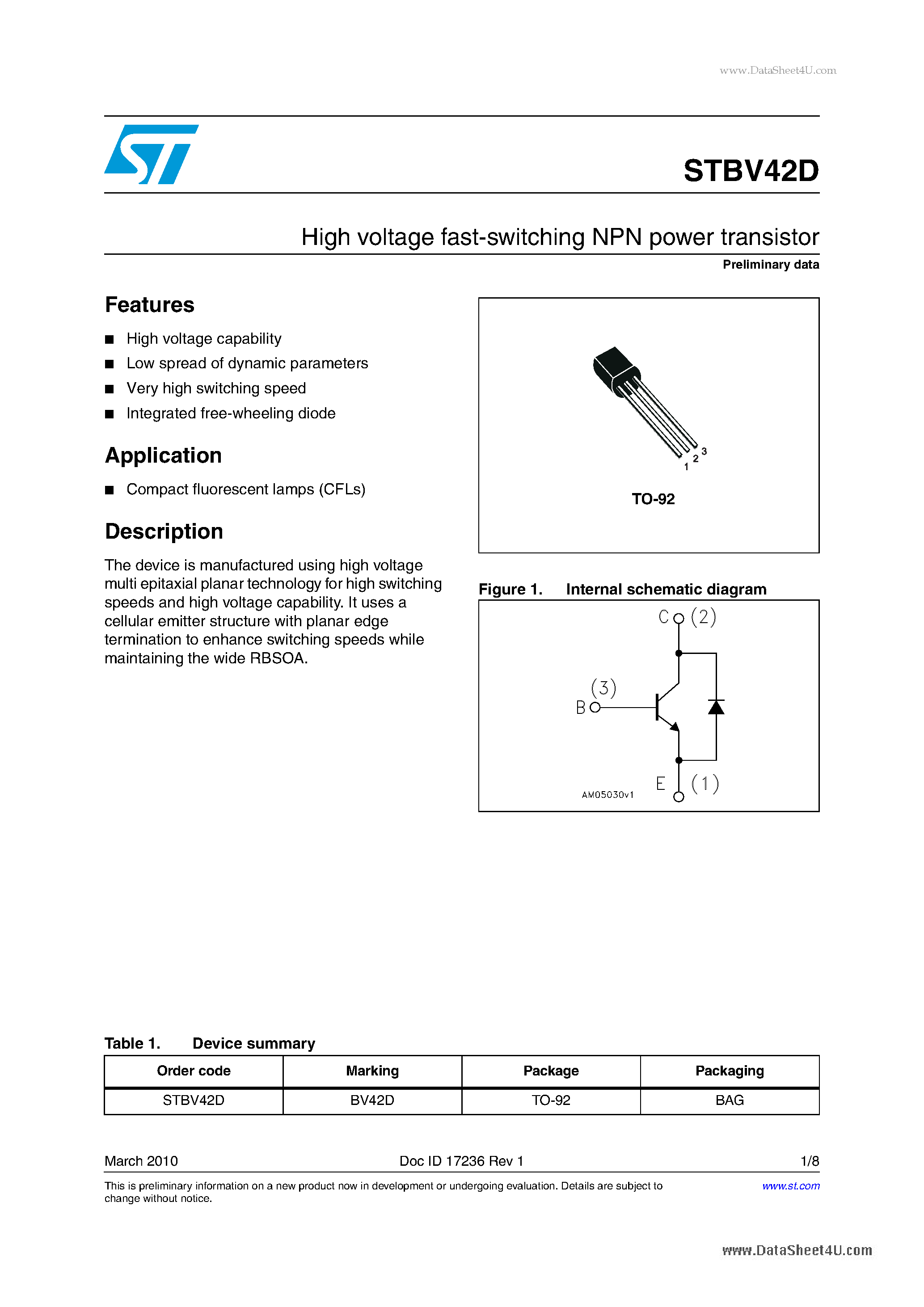 Datasheet STBV42D page 1 Datasheet STBV42D - High voltage fast-switching NPN power transistor page 1