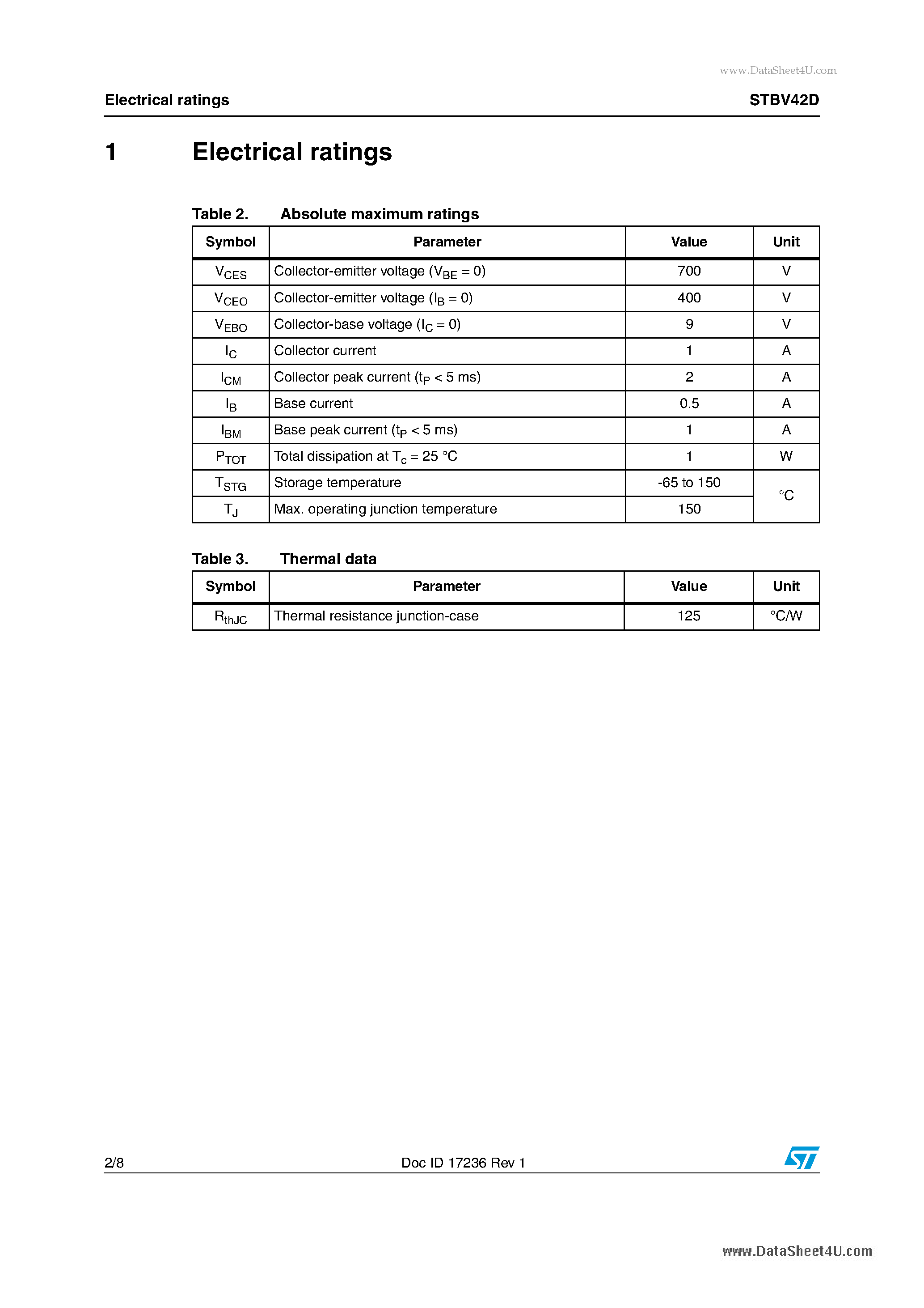 Datasheet STBV42D page 2 Datasheet STBV42D - High voltage fast-switching NPN power transistor page 2