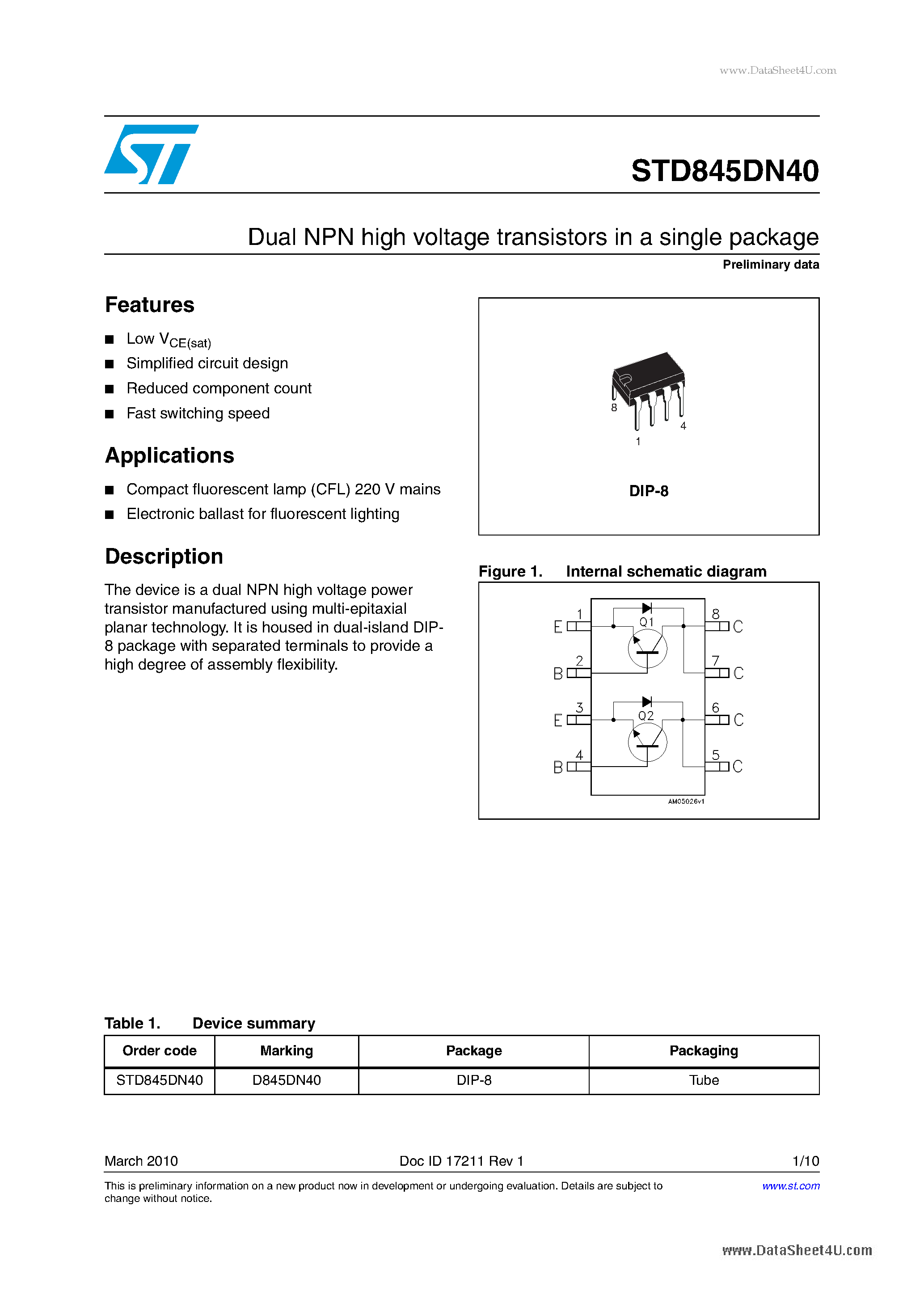 Datasheet STD845DN40 - Dual NPN high voltage transistors page 1