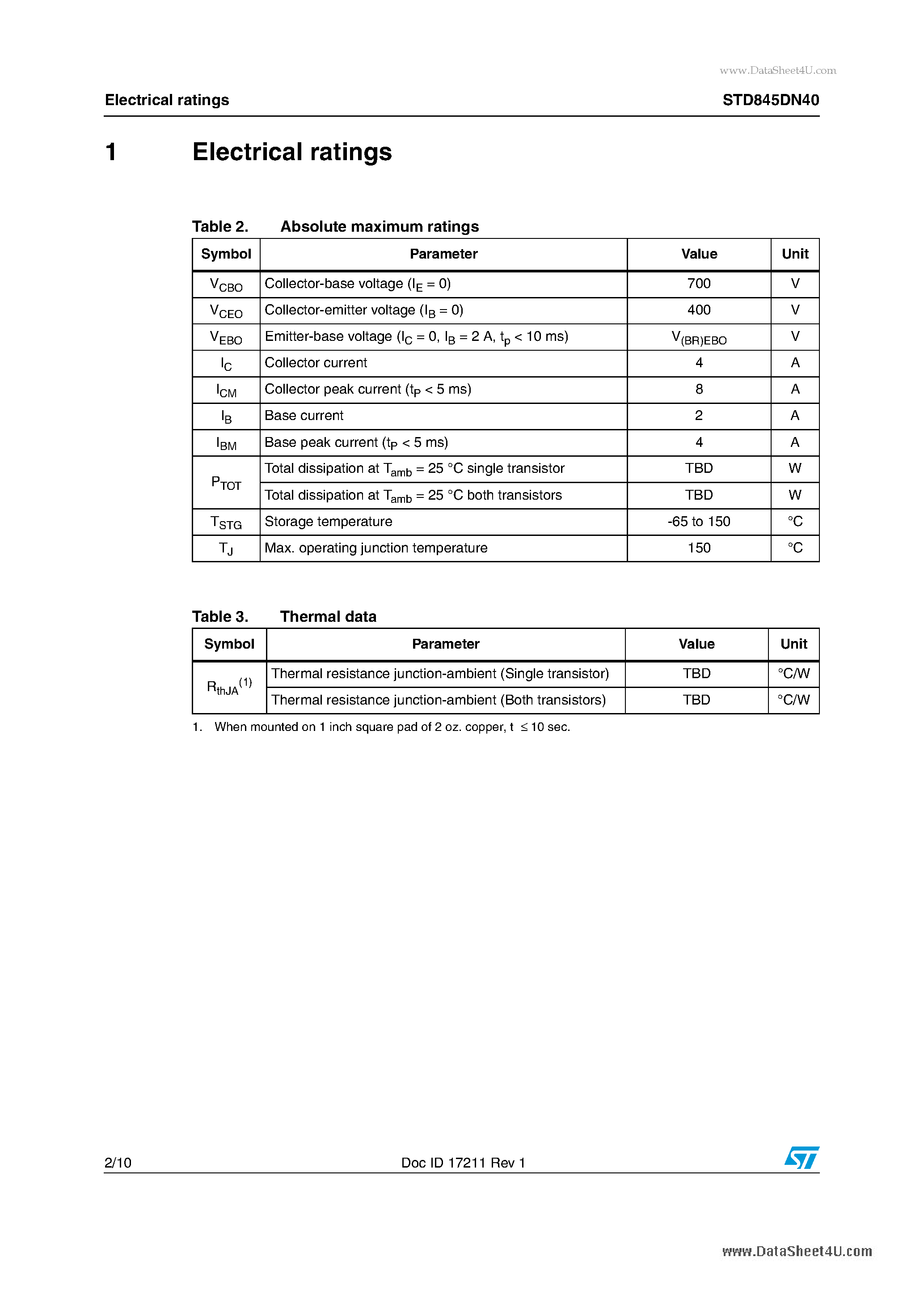 Datasheet STD845DN40 - Dual NPN high voltage transistors page 2