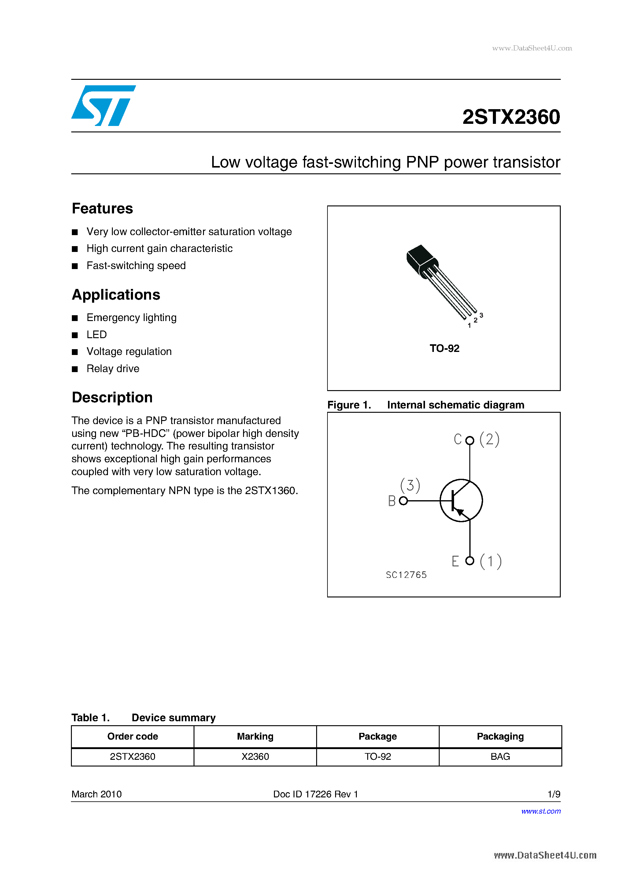 Даташит на микросхему 2STX2360 страница 1 Даташит 2STX2360 - Low voltage fast-switching PNP power transistor страница 1