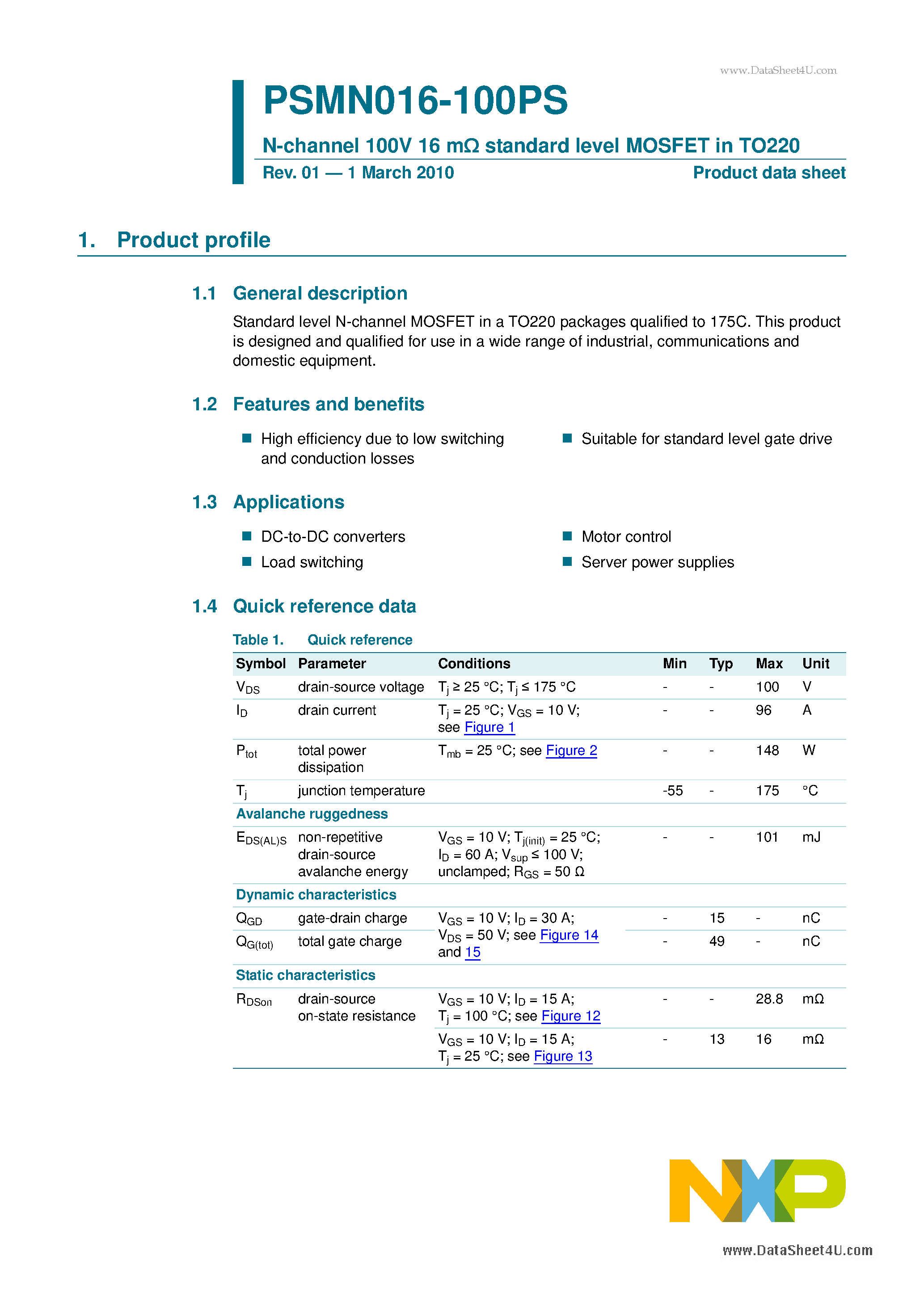 Даташит PSMN016-100PS - N-channel 100V 16 m standard level MOSFET страница 1