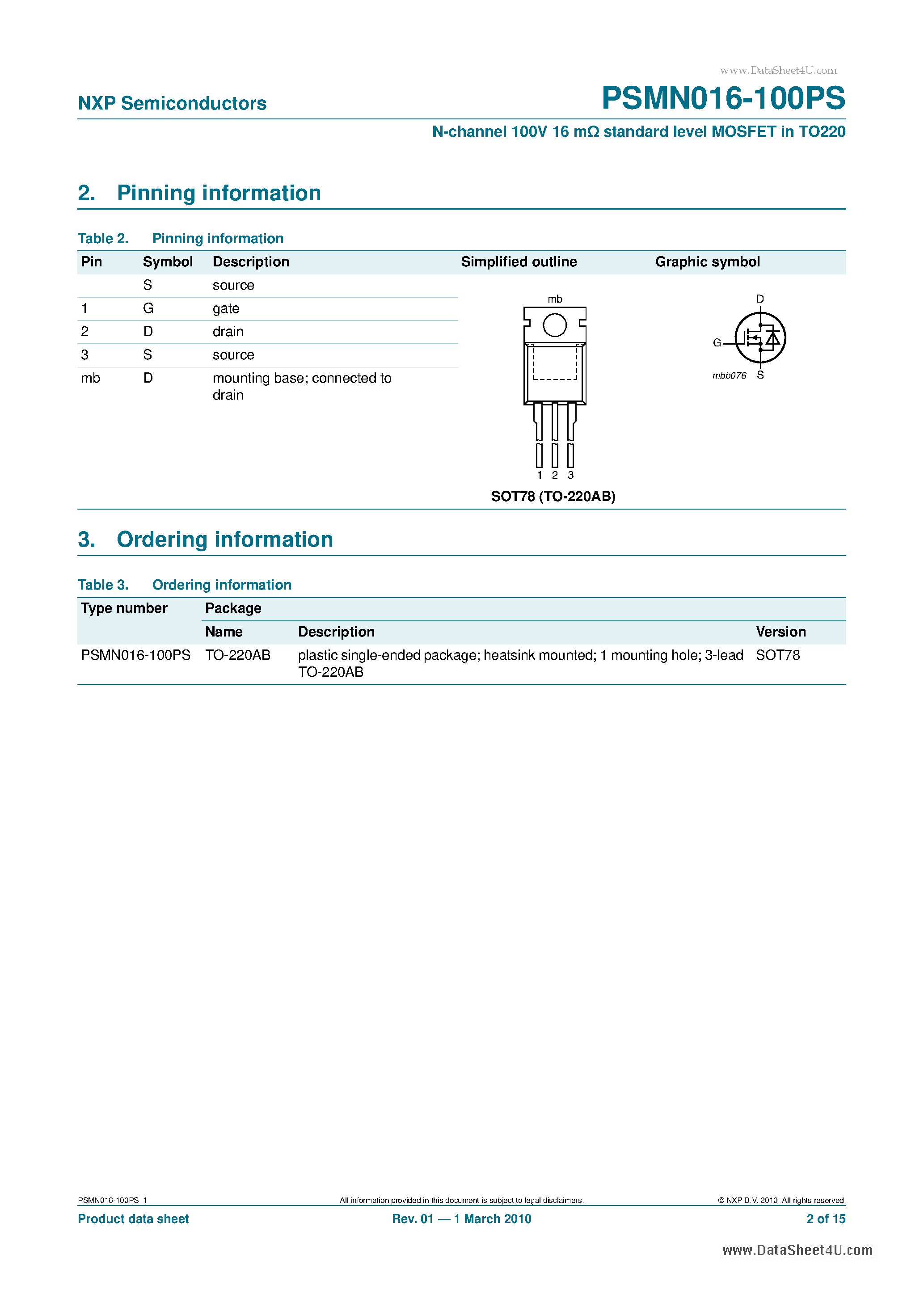 Даташит PSMN016-100PS - N-channel 100V 16 m standard level MOSFET страница 2