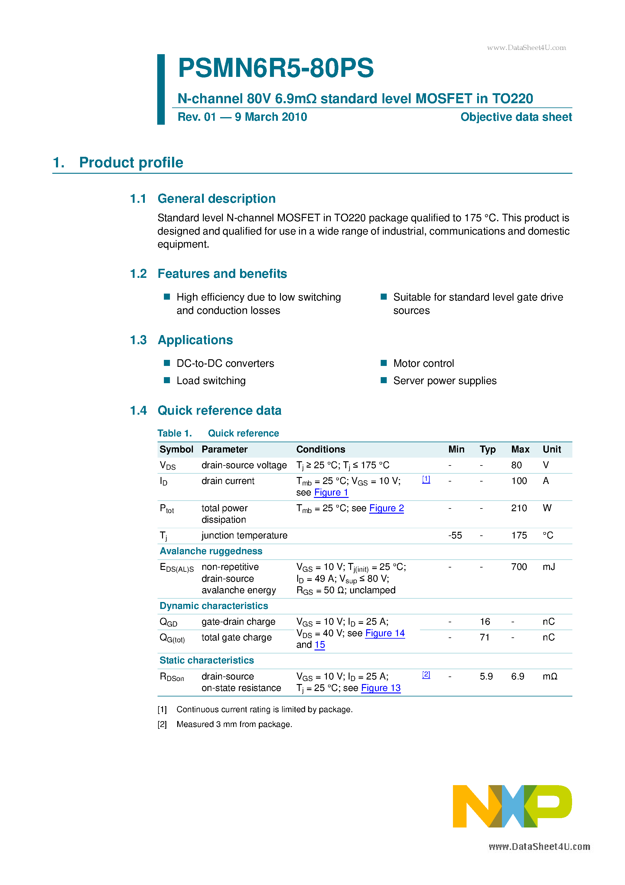 Datasheet PSMN6R5-80PS - N-channel 80V 6.9m standard level MOSFET page 1