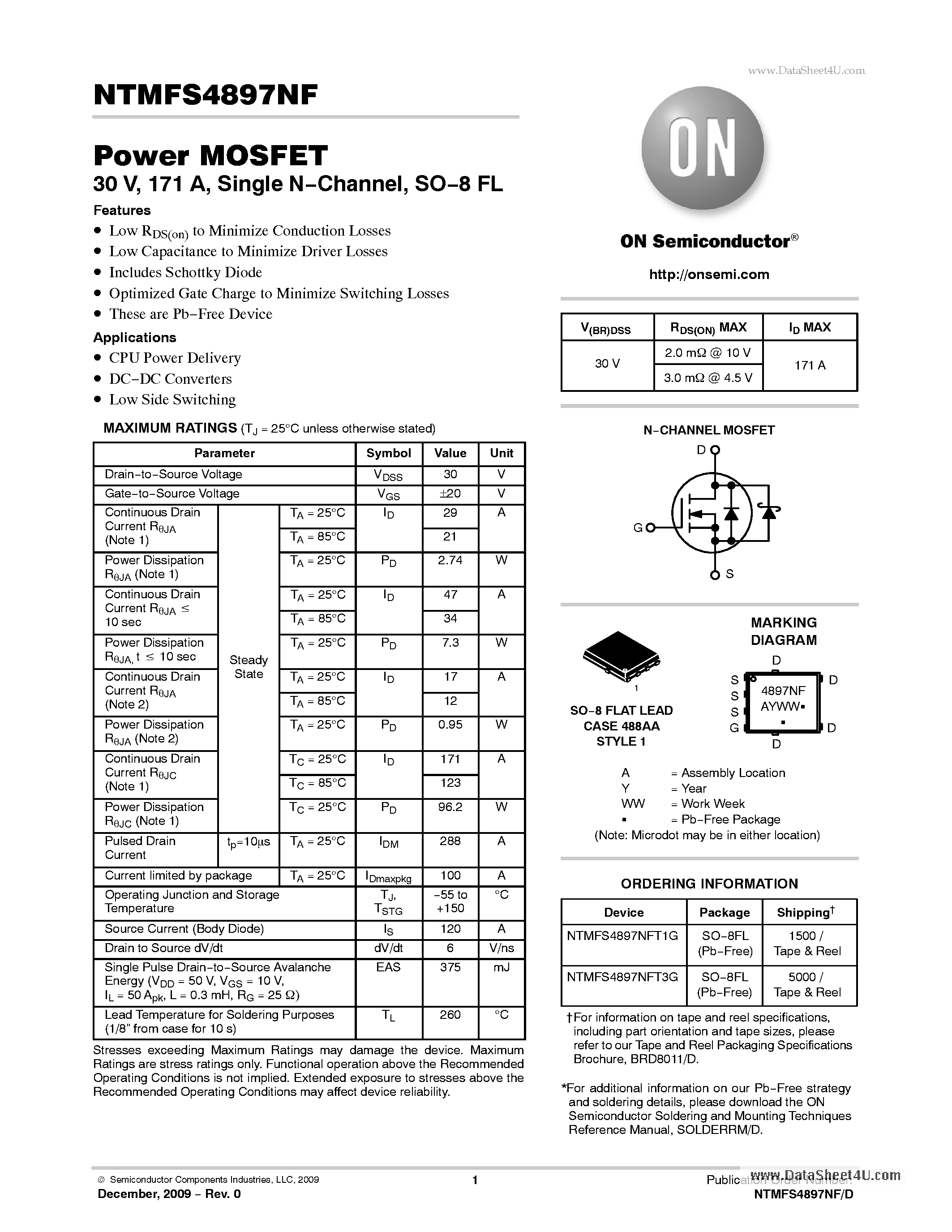 Даташит на микросхему NTMFS4897NF страница 1 Даташит NTMFS4897NF - 30 V N-Channel Power MOSFET страница 1