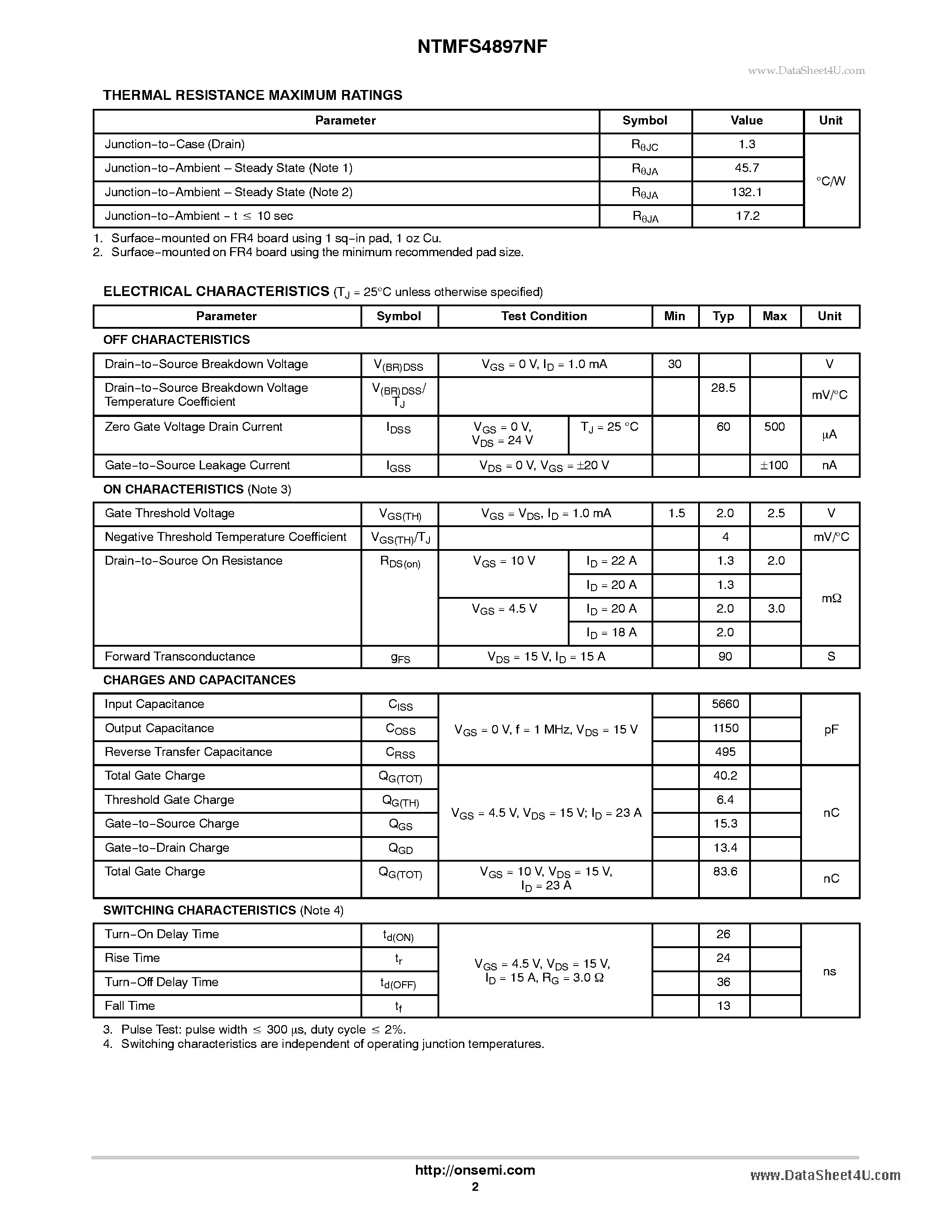 Даташит на микросхему NTMFS4897NF страница 2 Даташит NTMFS4897NF - 30 V N-Channel Power MOSFET страница 2