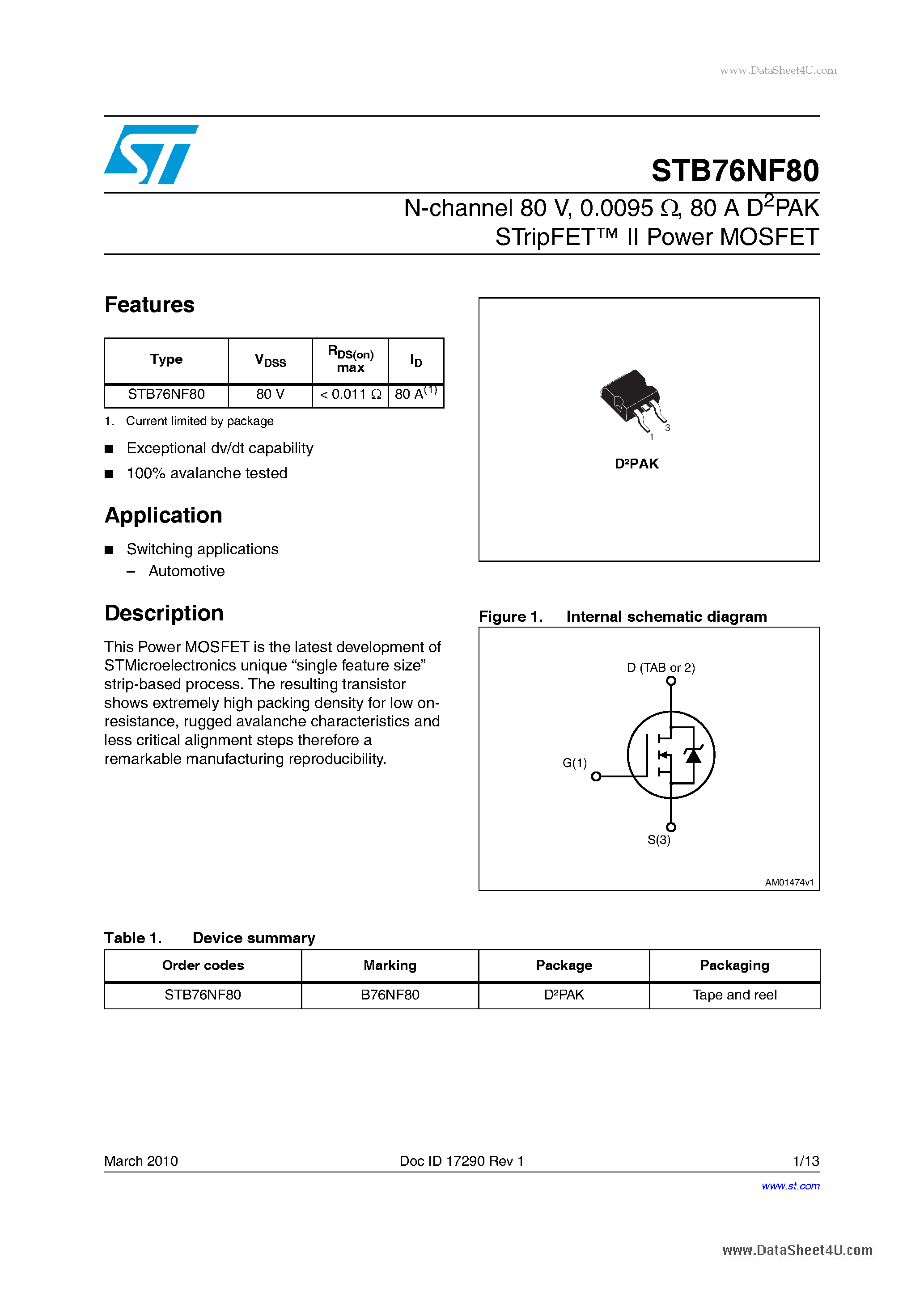 Datasheet STB76NF80 page 1 Datasheet STB76NF80 - Power MOSFETs page 1