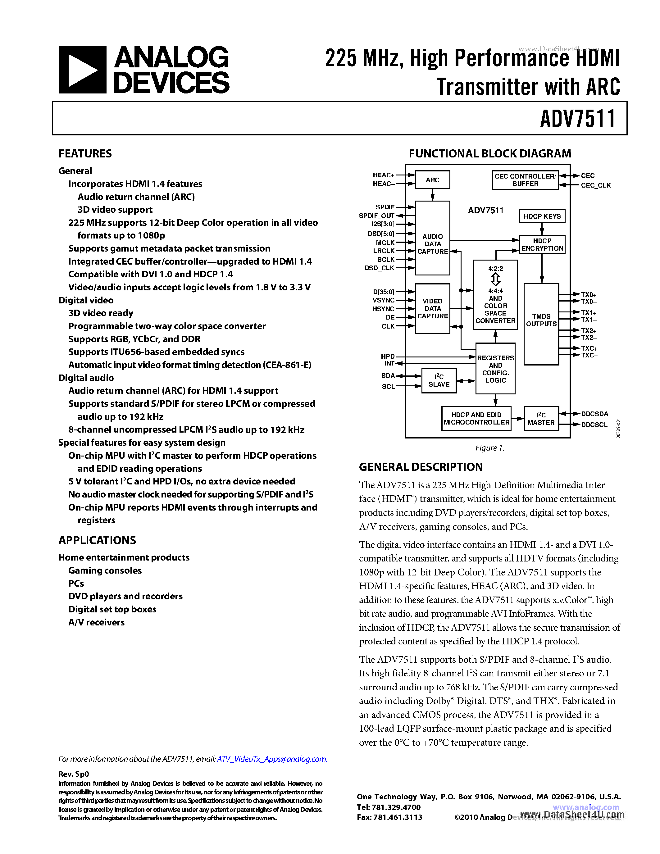 Даташит ADV7511 - HIGH PERFORMANCE HDMI TRANSMITTER страница 1