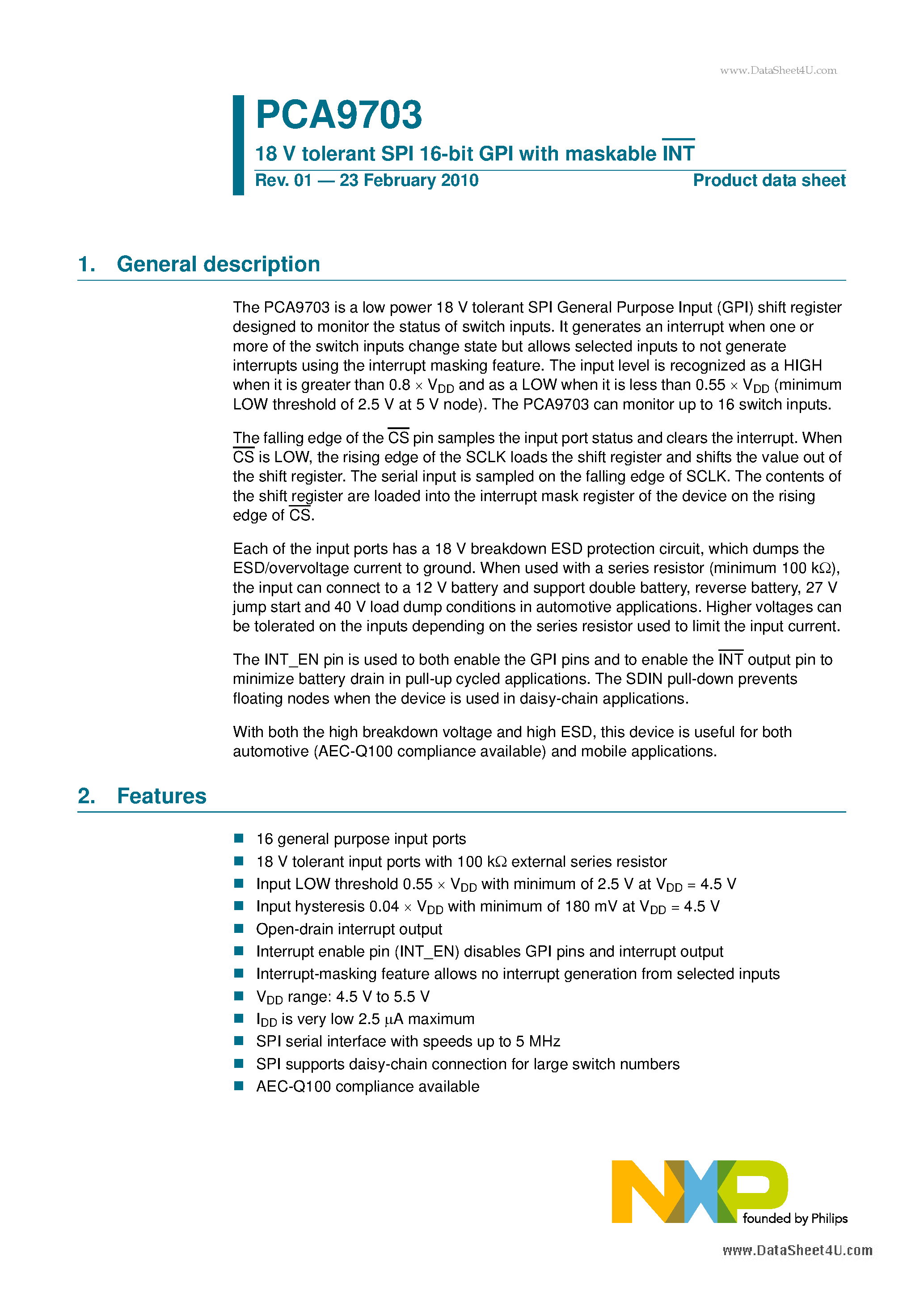 Даташит PCA9703 - 18 V Tolerant SPI 16-bit GPI With Maskable INT страница 1
