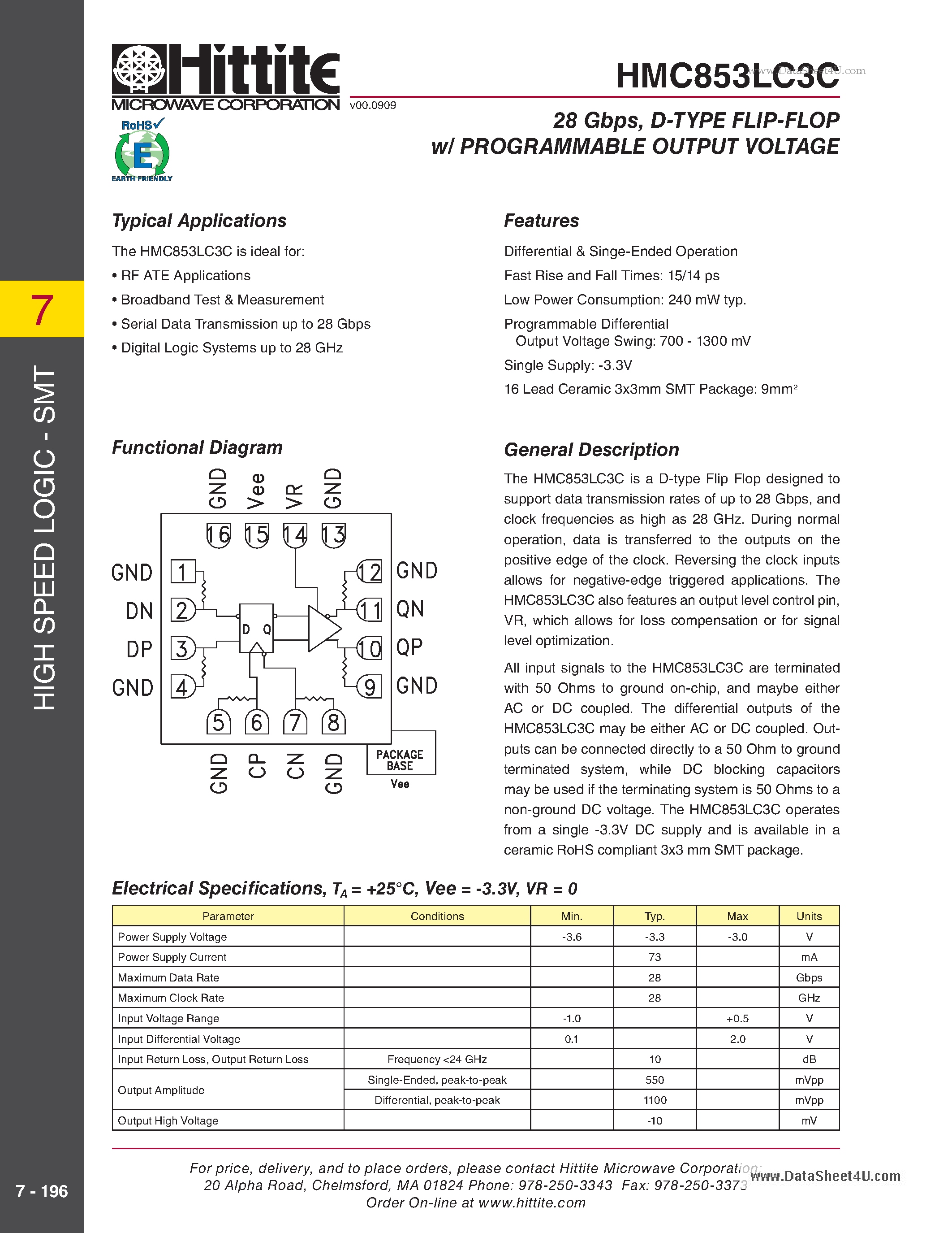 Datasheet HMC853LC3C page 1 Datasheet HMC853LC3C - 28 Gbps D-Type Flip-Flop W/Programmable Output Voltage page 1