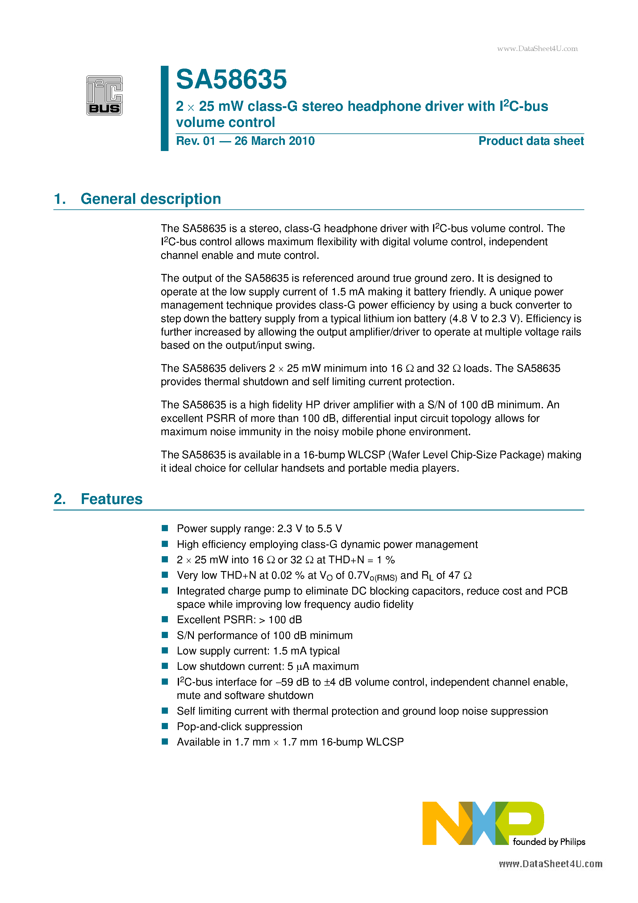 Datasheet SA58635 page 1 Datasheet SA58635 - 2 X 25 MW Class-G Stereo Headphone Driver page 1