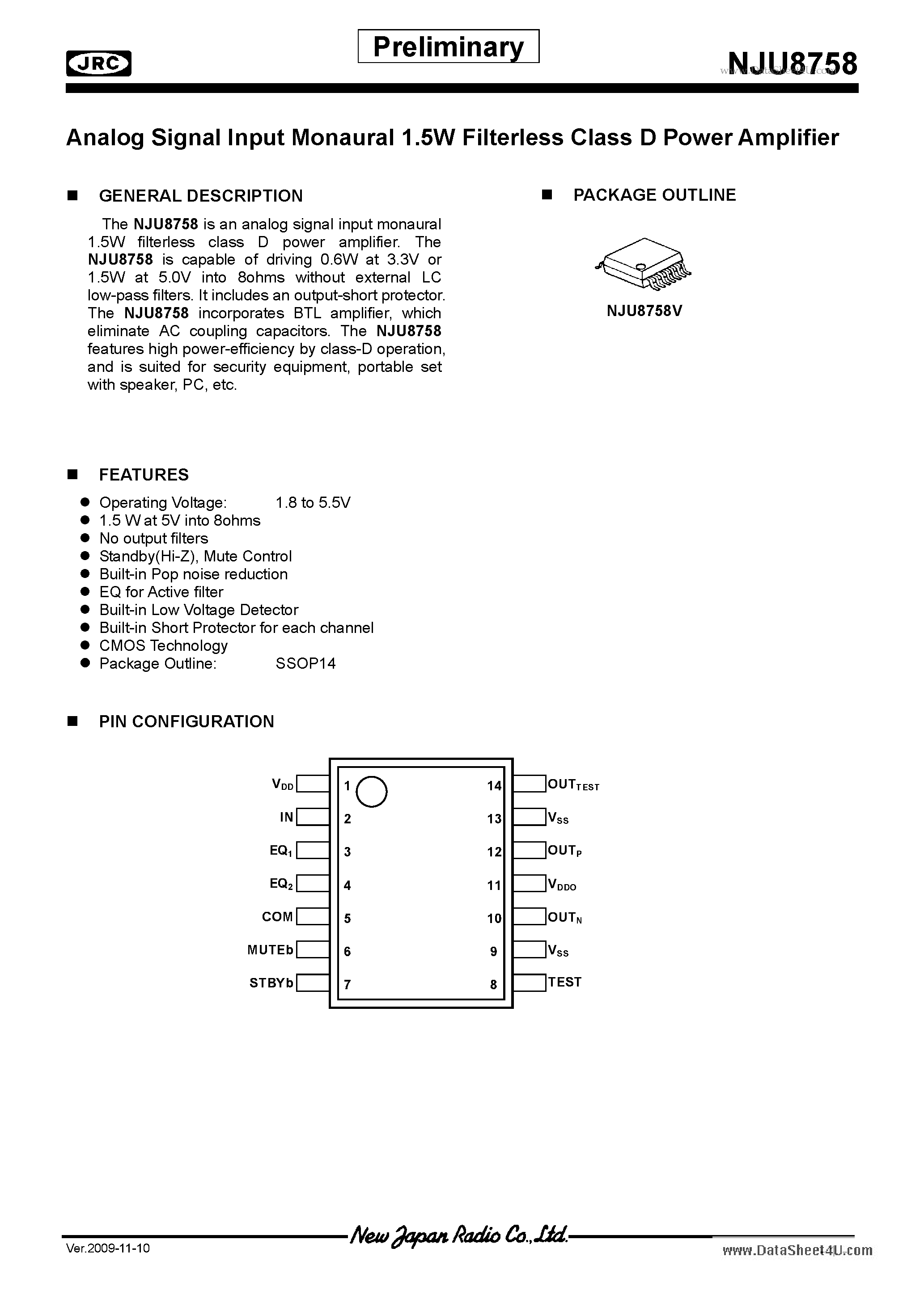 Даташит NJU8758 - Analog Signal Input Monaural 1.5W Filterless Class D Power Amplifier страница 1
