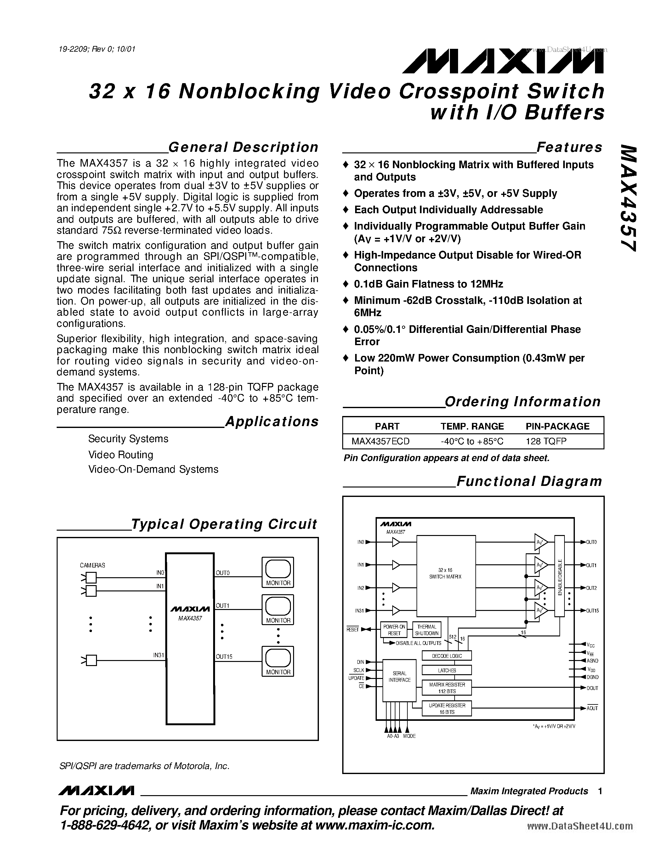 Datasheet MAX4357 - 32 X 16 Nonblocking Video Crosspoint Switch page 1