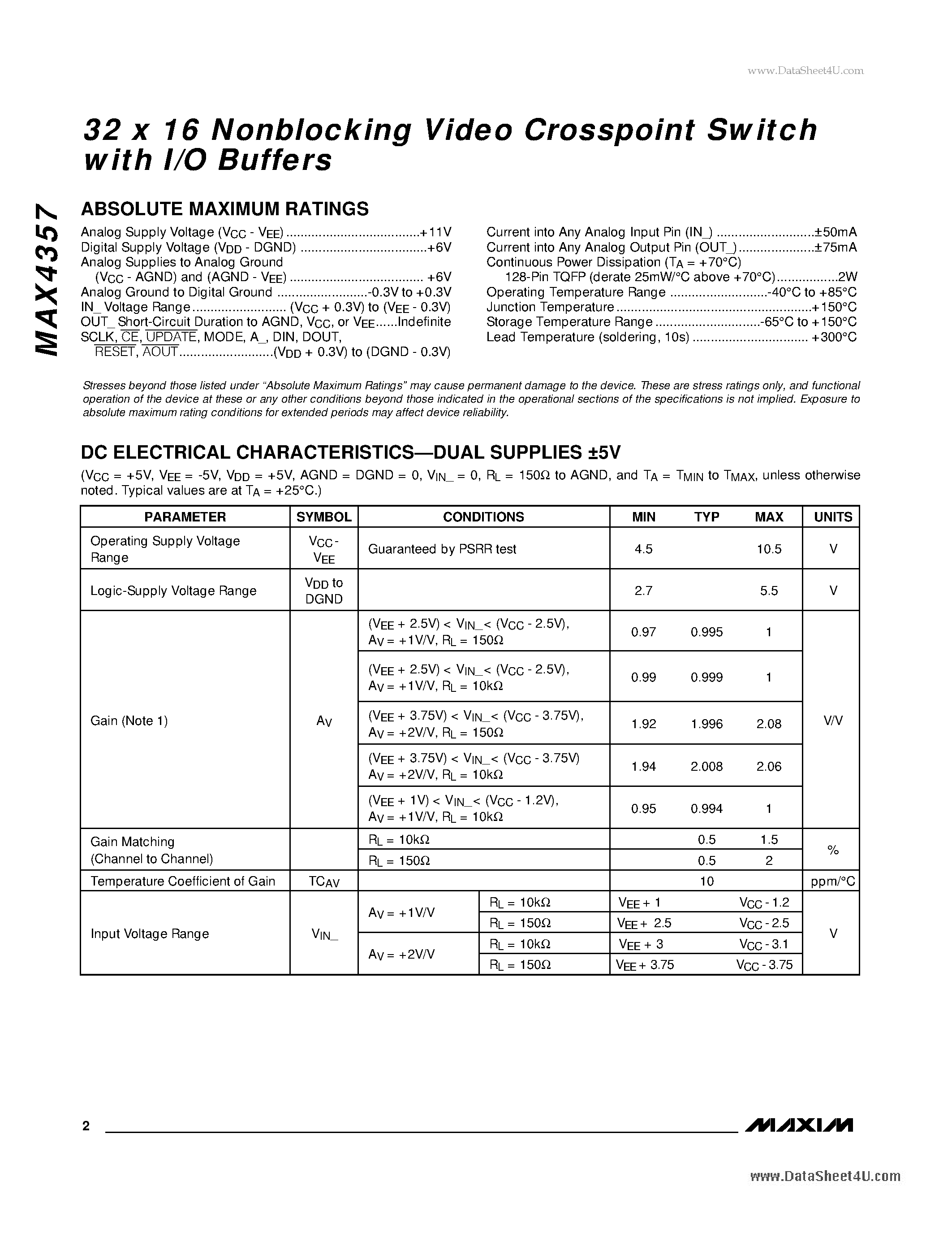 Datasheet MAX4357 - 32 X 16 Nonblocking Video Crosspoint Switch page 2