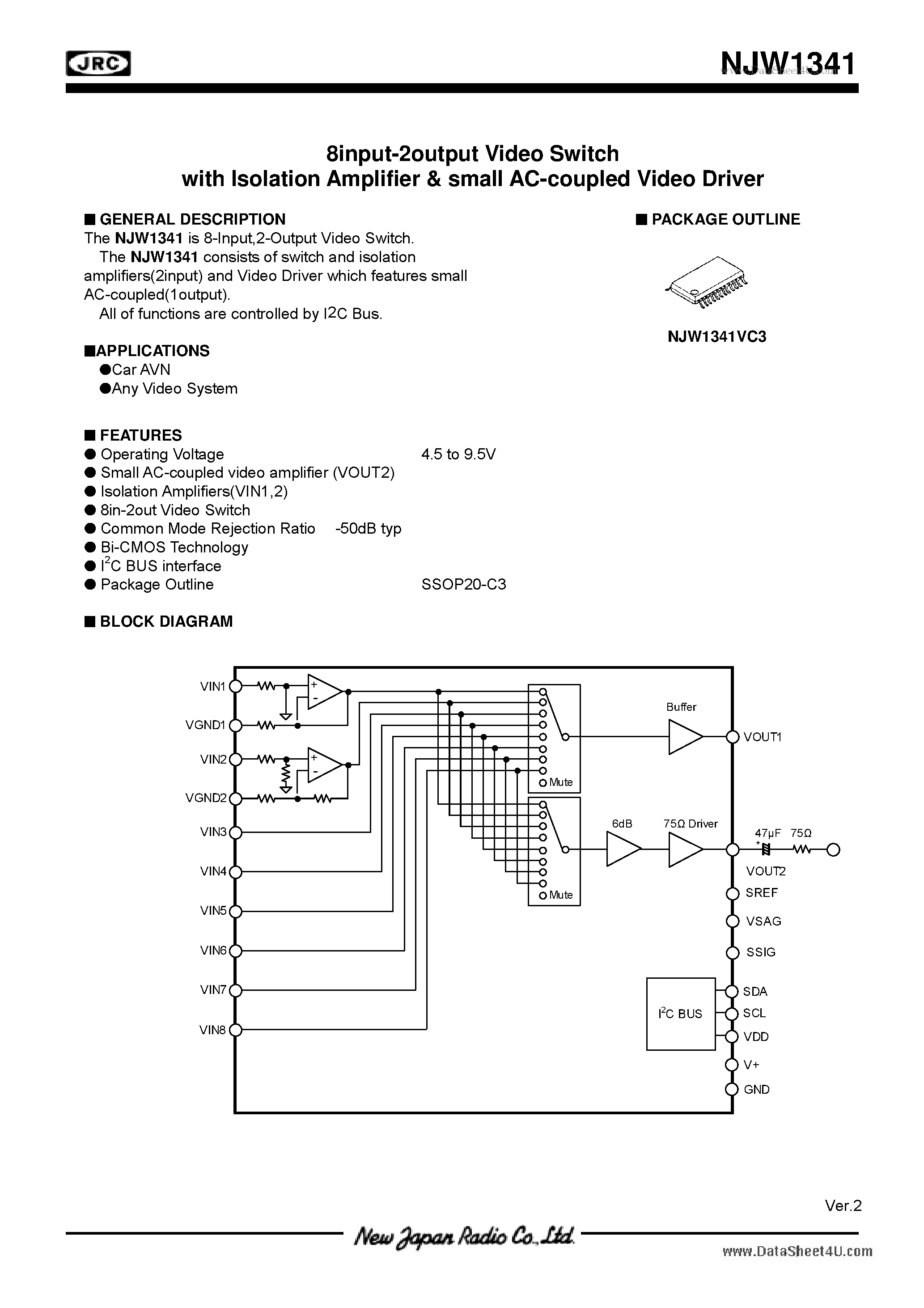 Datasheet NJW1341 - 8input-2output Video Switch page 1