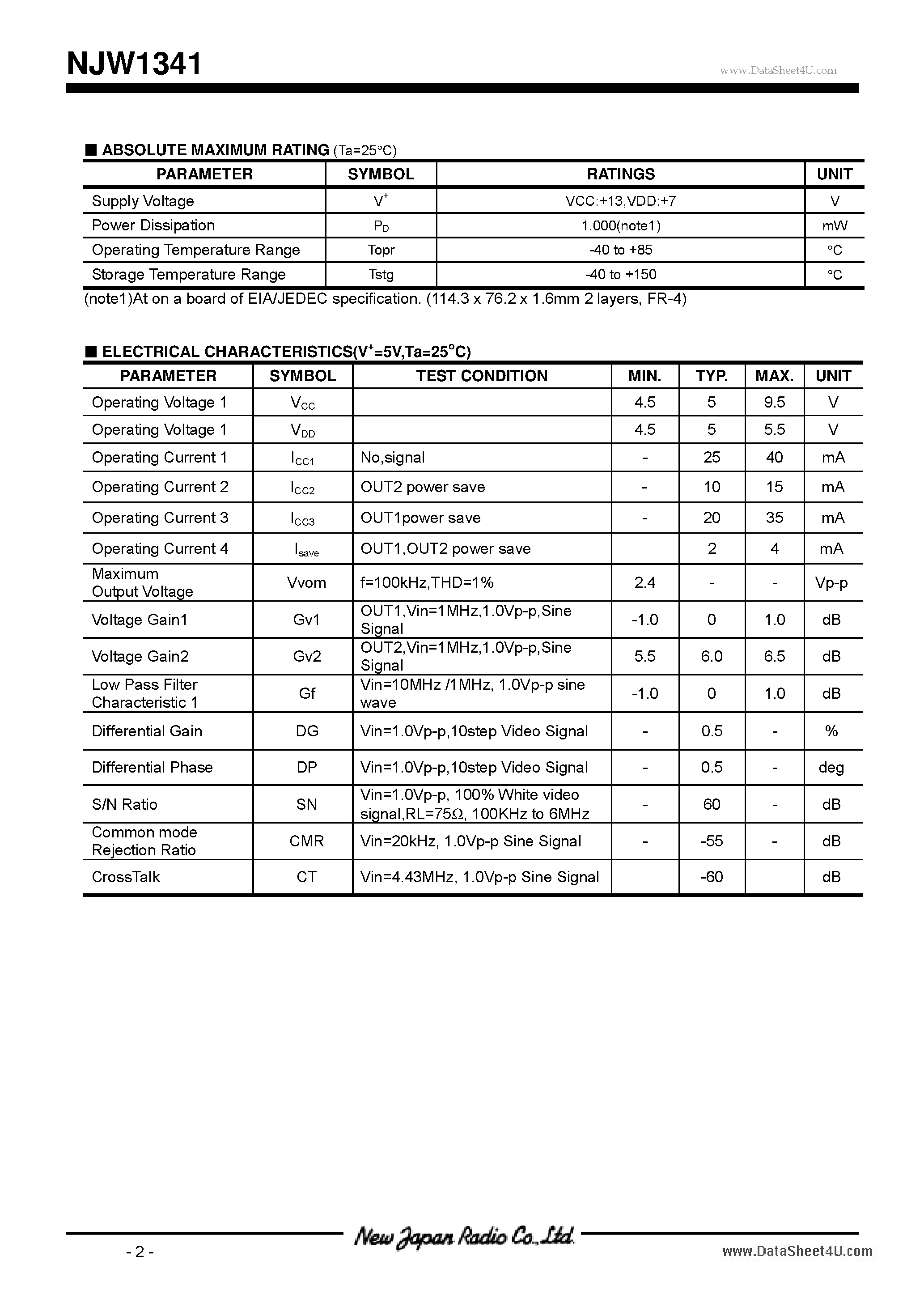 Datasheet NJW1341 - 8input-2output Video Switch page 2