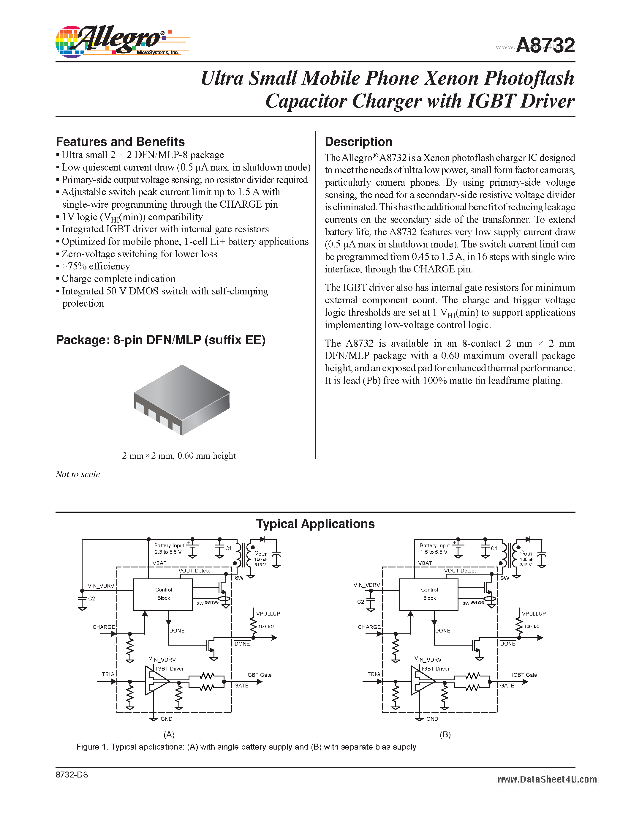 Datasheet A8732 - Ultra Small Mobile Phone Xenon Photoflash Capacitor Charger page 1