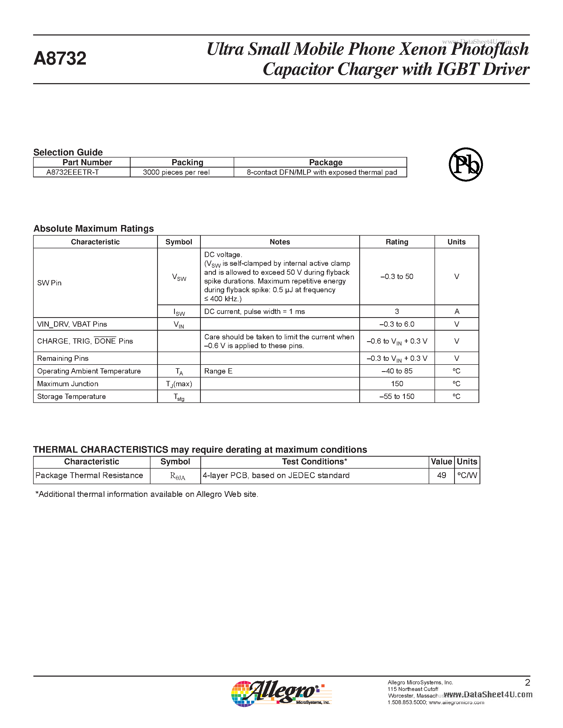 Datasheet A8732 - Ultra Small Mobile Phone Xenon Photoflash Capacitor Charger page 2