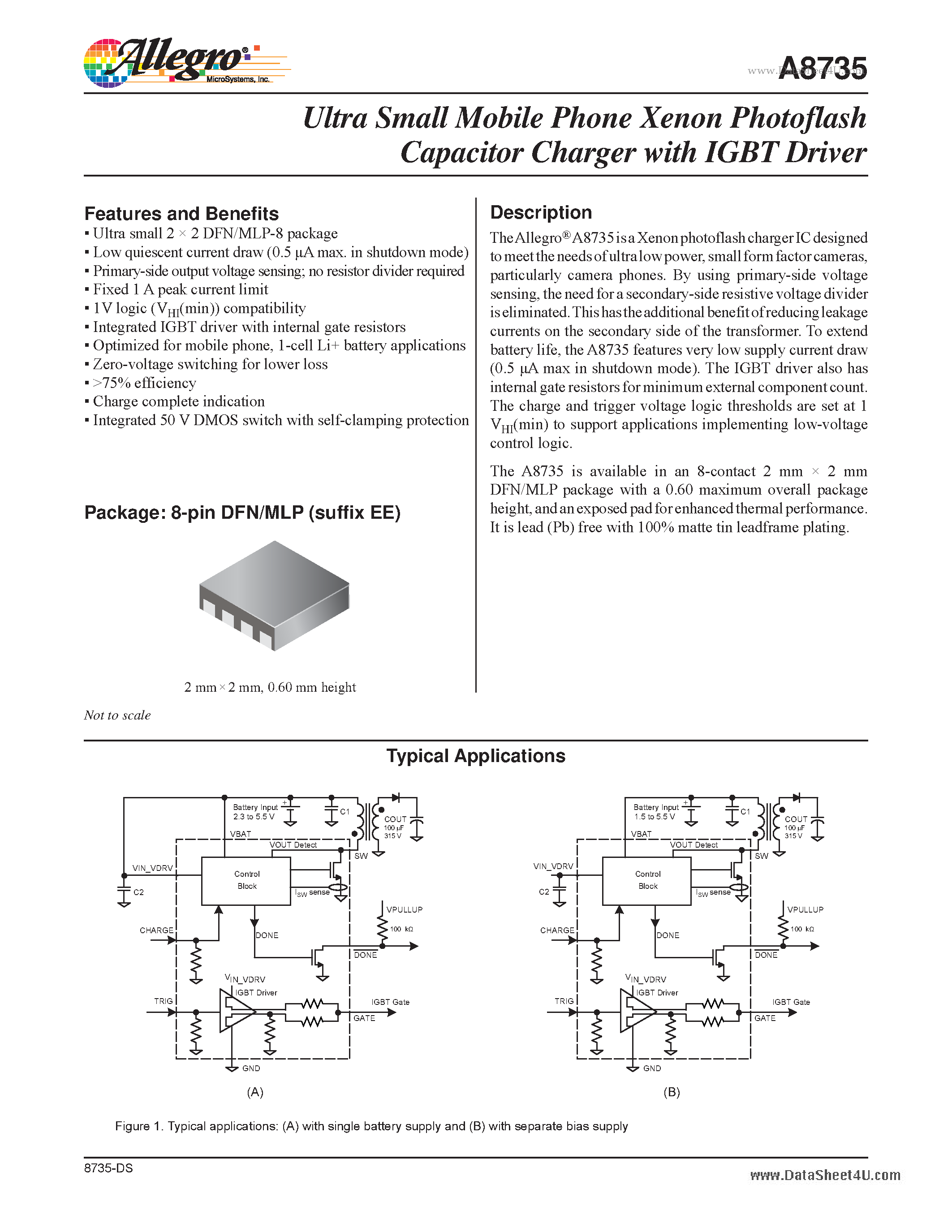 Datasheet A8735 page 1 Datasheet A8735 - Ultra Small Mobile Phone Xenon Photoflash Capacitor Charger page 1