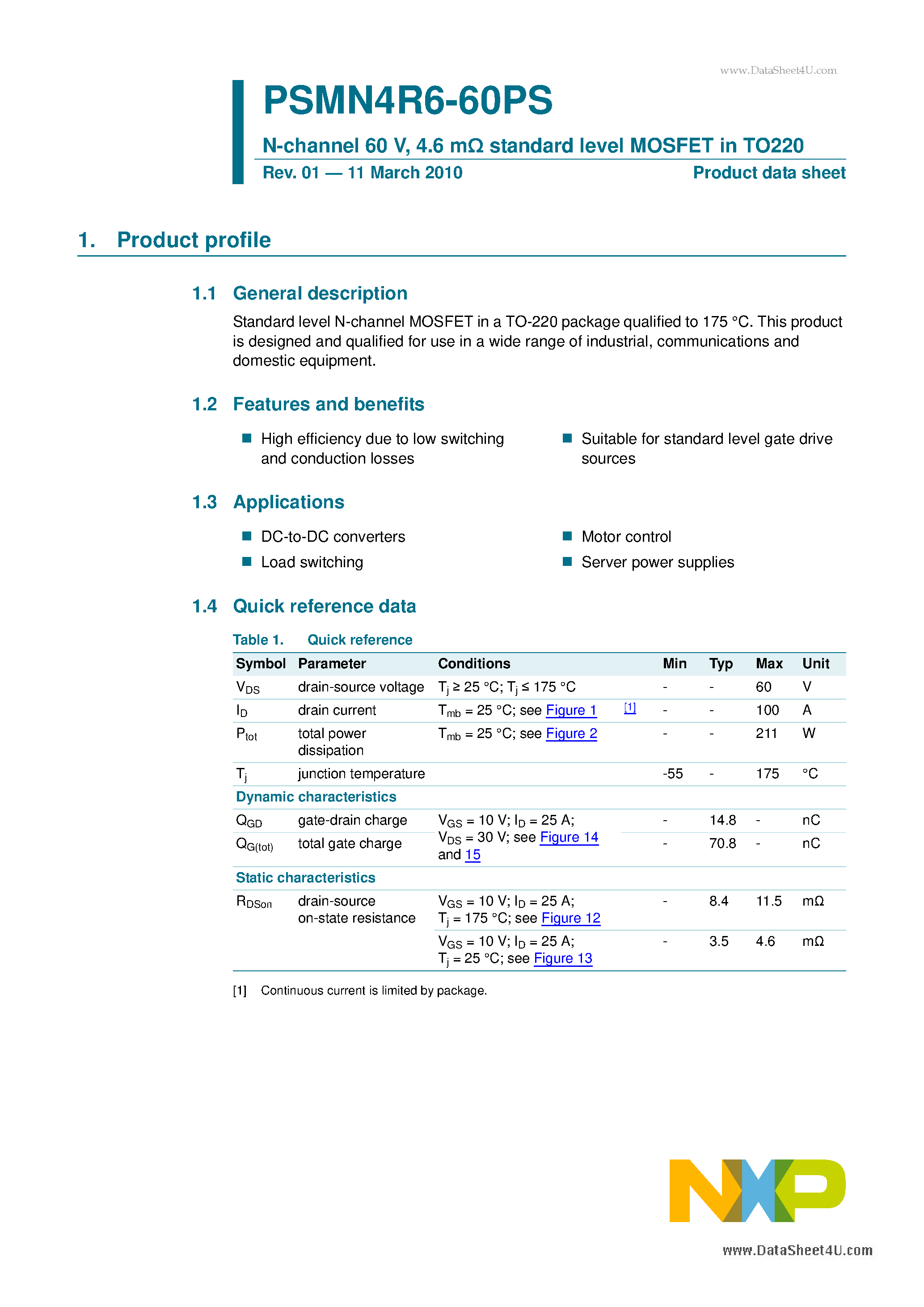 Datasheet PSMN4R6-60PS page 1 Datasheet PSMN4R6-60PS - N-channel 60V 4.6m standard level MOSFET page 1