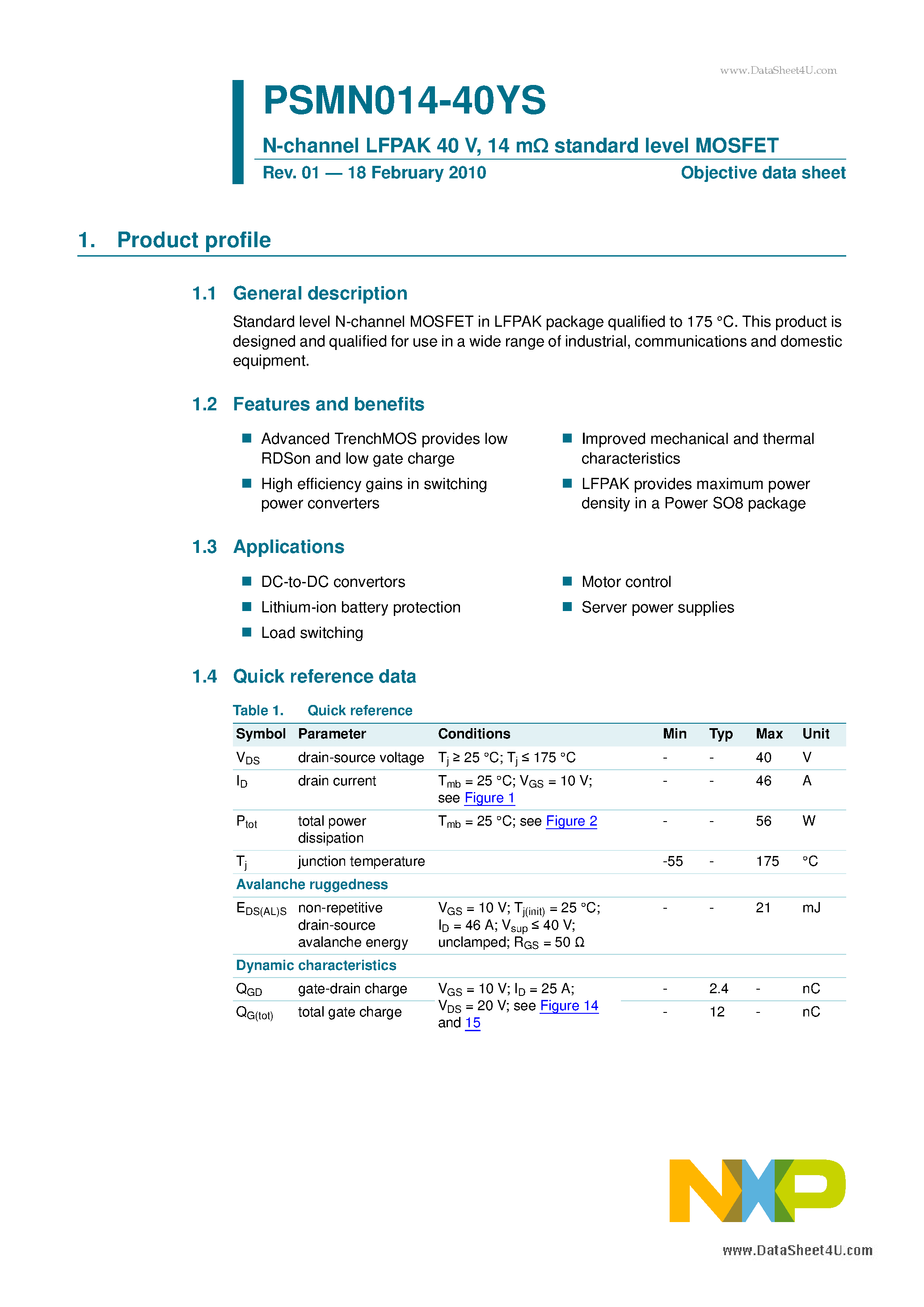Datasheet PSMN014-40YS - N-channel LFPAK 40V 14m standard level MOSFET page 1