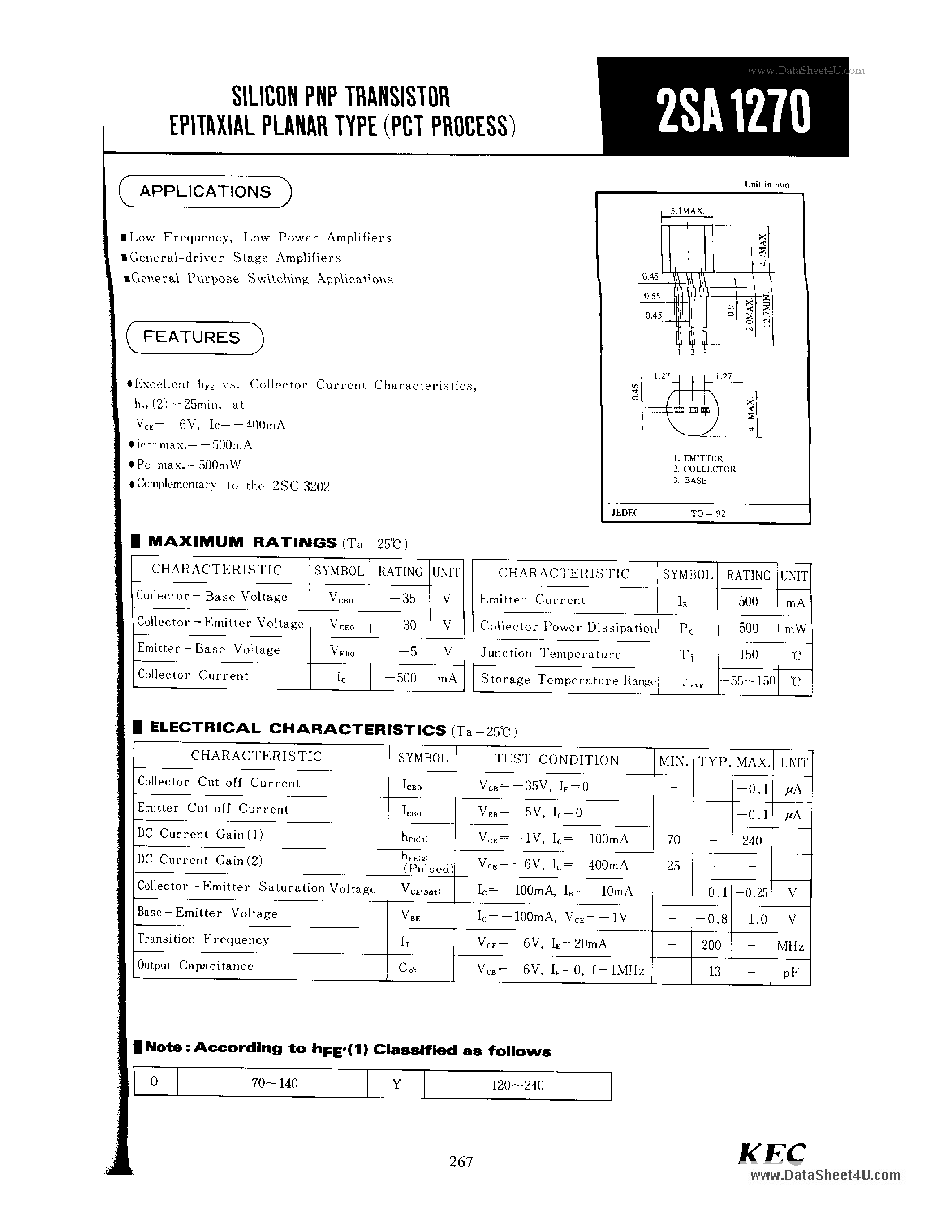 Datasheet A1270 - Search -----> 2SA1270 page 1