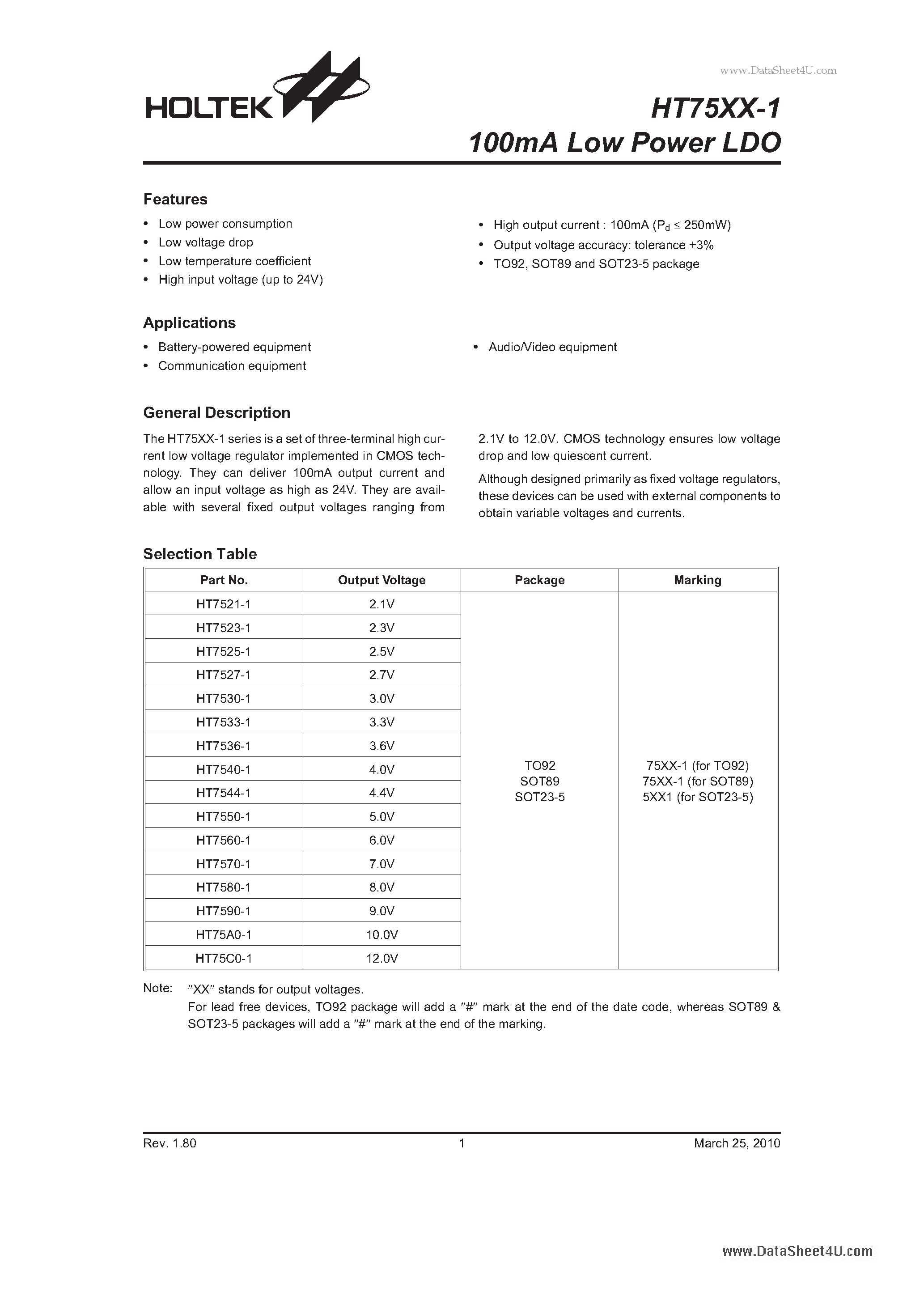 Datasheet HT7521-1 - (HT75xx-1) 100mA Low Power LDO page 1