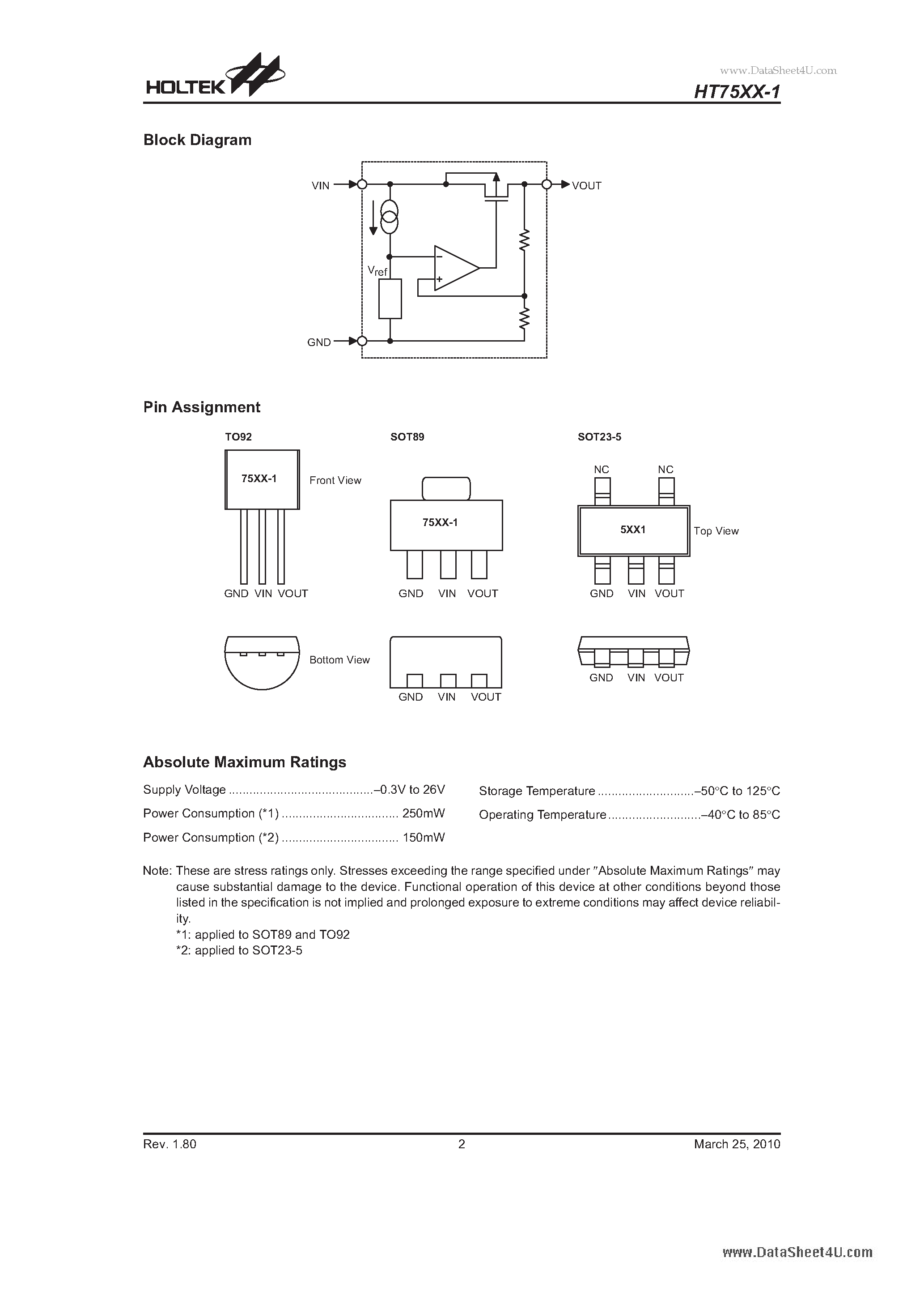 Datasheet HT7521-1 - (HT75xx-1) 100mA Low Power LDO page 2