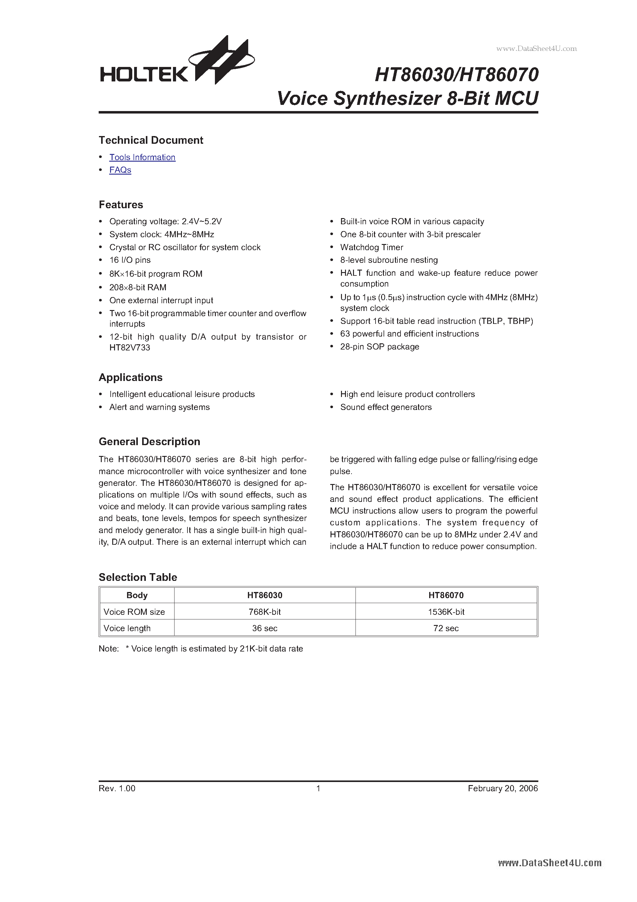 Datasheet HT86030 - (HT86030 / HT86070) Voice Synthesizer 8-Bit MCU page 1