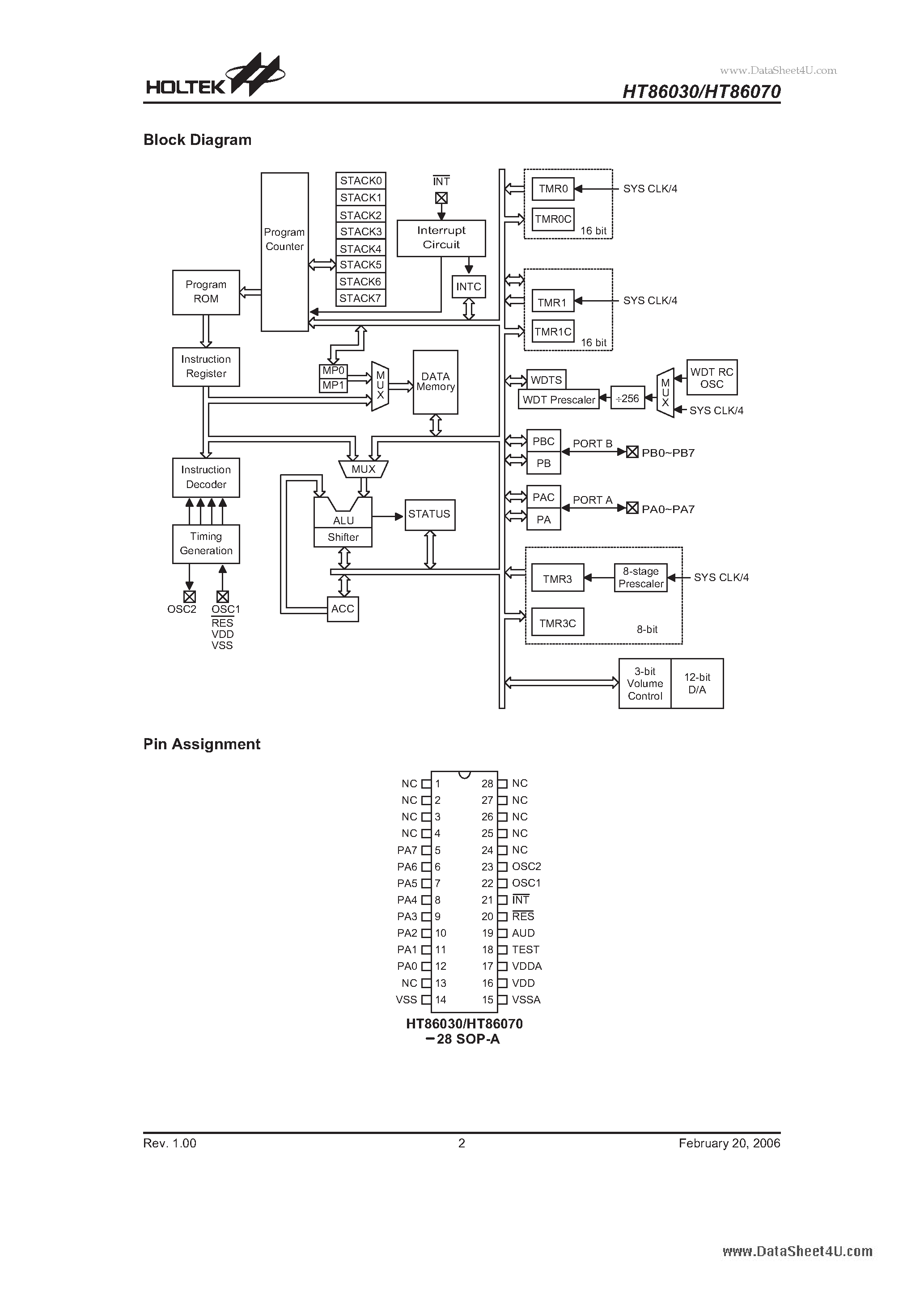 Datasheet HT86030 - (HT86030 / HT86070) Voice Synthesizer 8-Bit MCU page 2