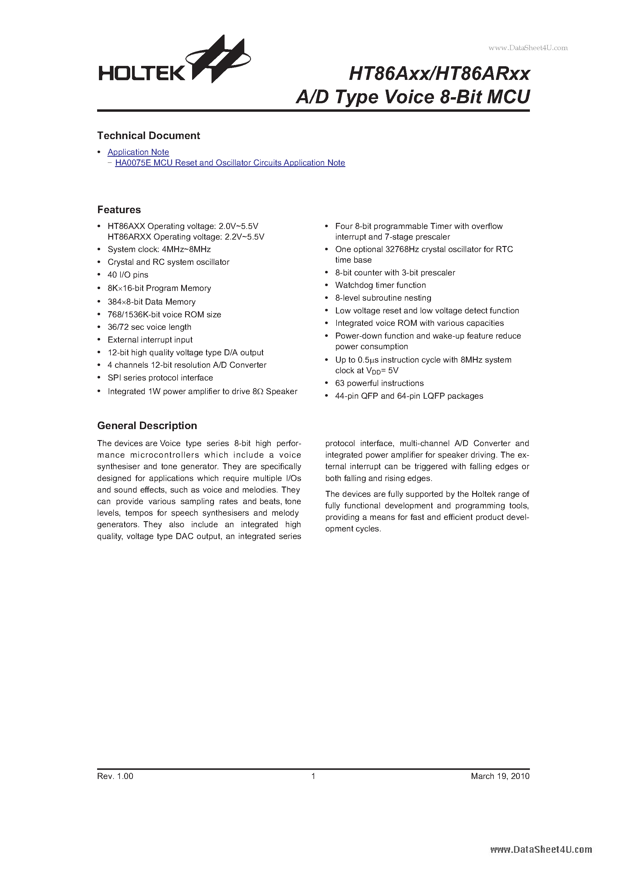 Даташит HT86A36 - (HT86Axx / HT86ARxx) A/D Type Voice 8-Bit MCU страница 1