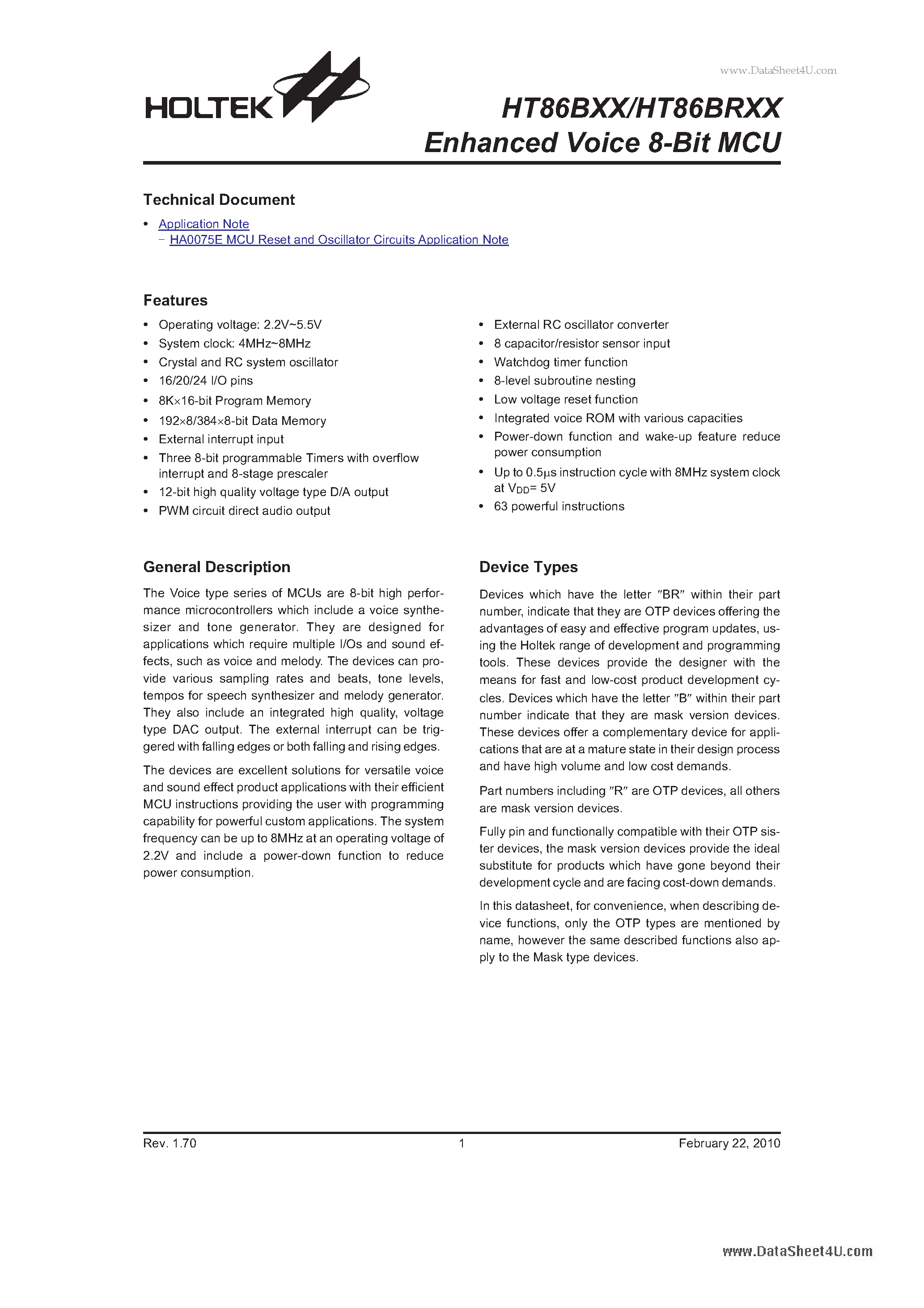 Datasheet HT86B03 - (HT86Bxx / HT86BRxx) Enhanced Voice 8-Bit MCU page 1