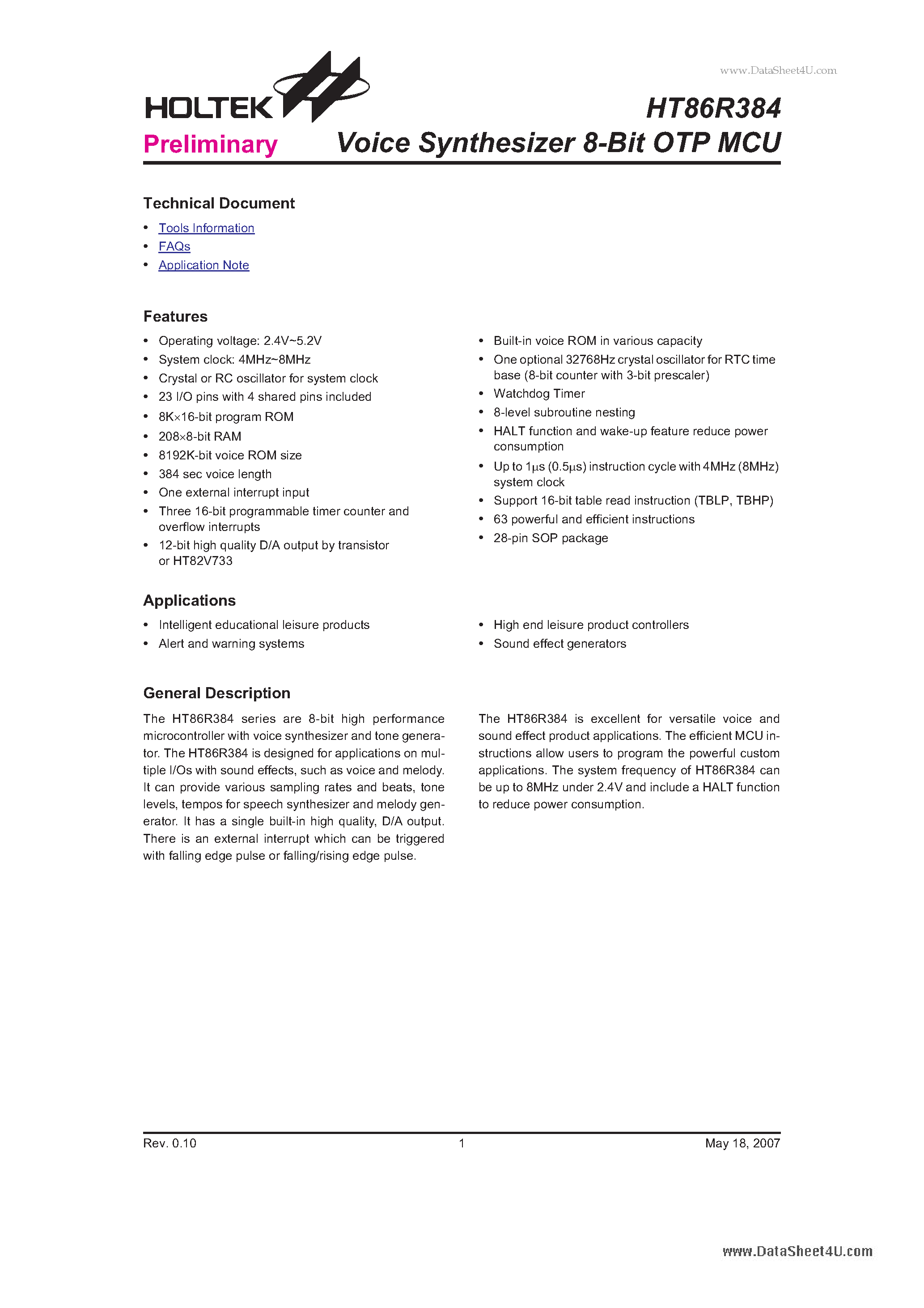 Datasheet HT86R384 - Voice Synthesizer 8-Bit OTP MCU page 1