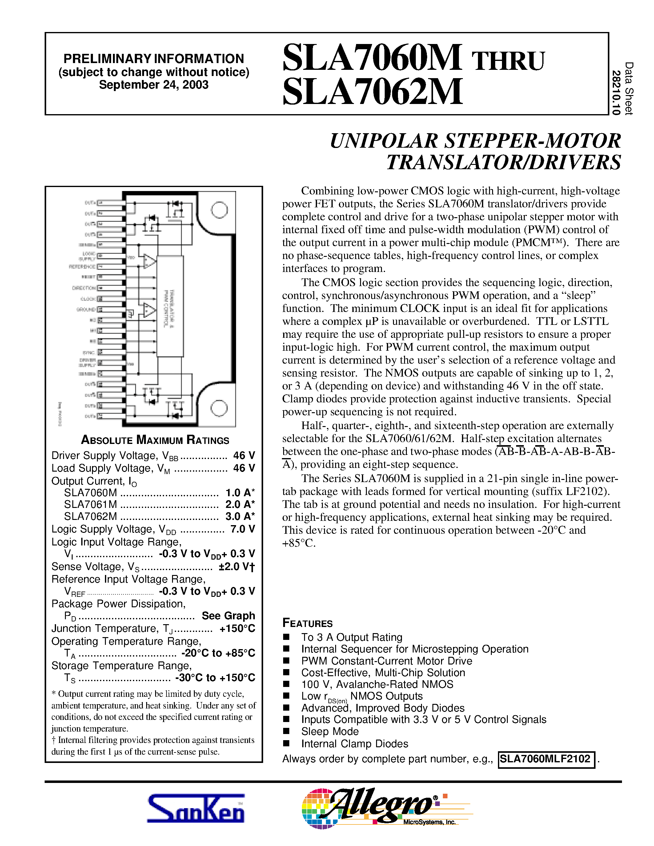 Даташит SLA7060M - UNIPOLAR STEPPER-MOTOR TRANSLATOR/DRIVERS страница 1