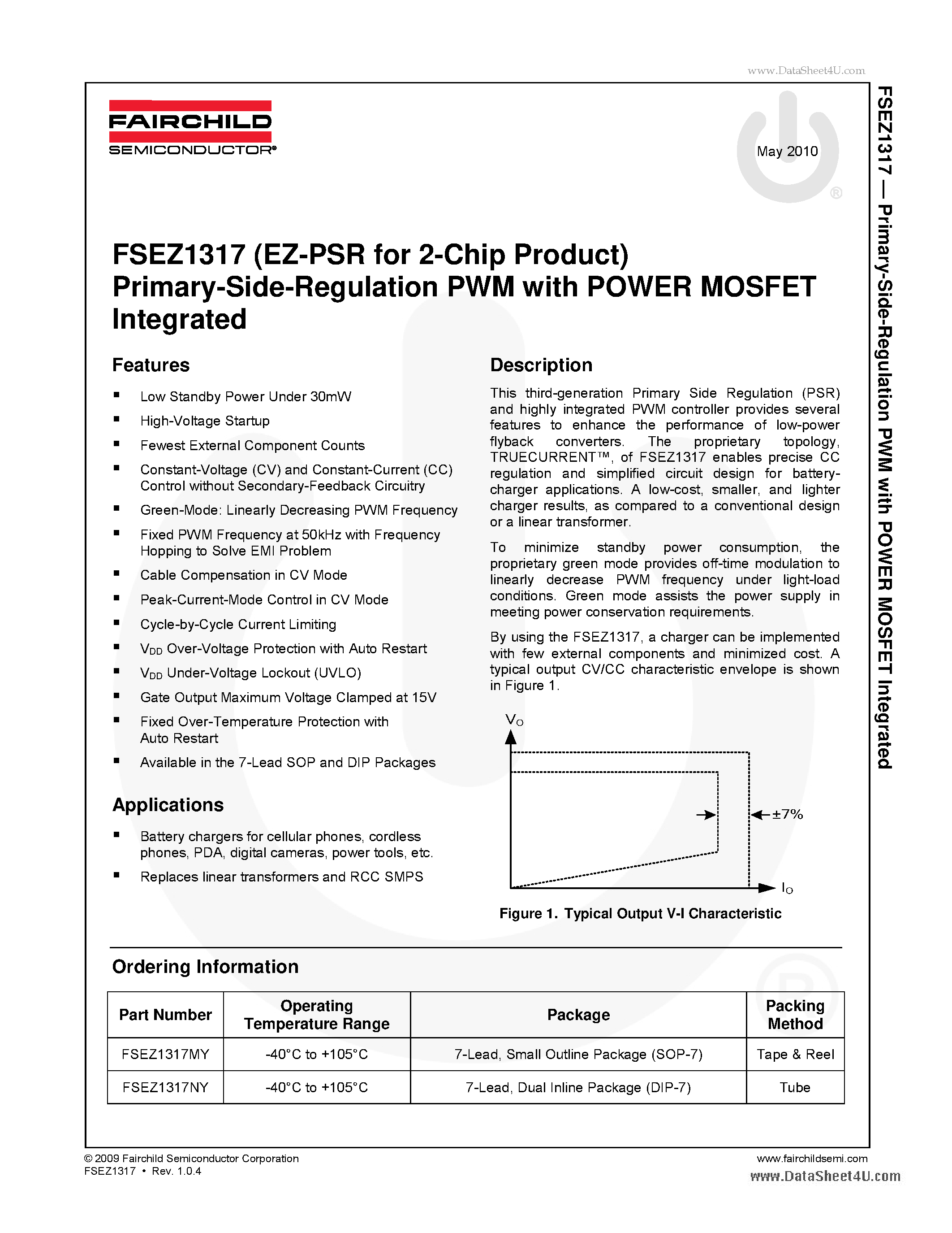 Даташит на микросхему FSEZ1317 страница 1 Даташит FSEZ1317 - (EZ-PSR for 2-Chip Product) Primary-Side-Regulation PWM страница 1