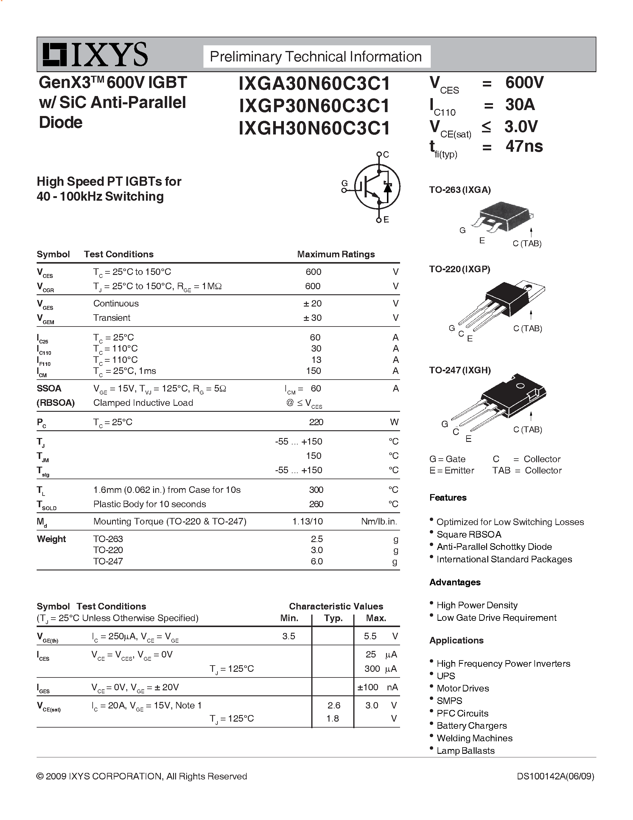 Datasheet IXGA30N60C3C1 - GenX3 600V IGBT w/ SiC Anti-Parallel Diode page 1