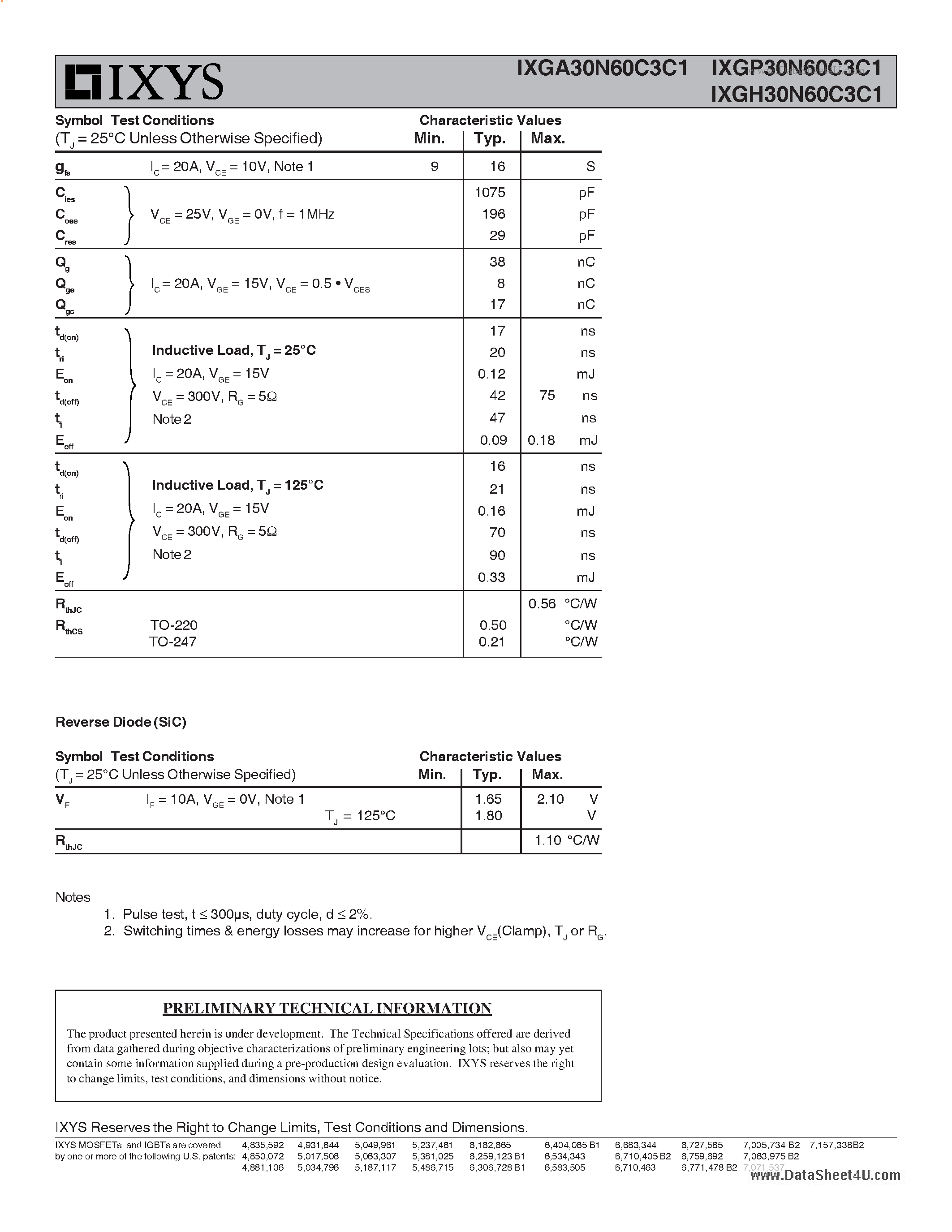 Datasheet IXGA30N60C3C1 - GenX3 600V IGBT w/ SiC Anti-Parallel Diode page 2