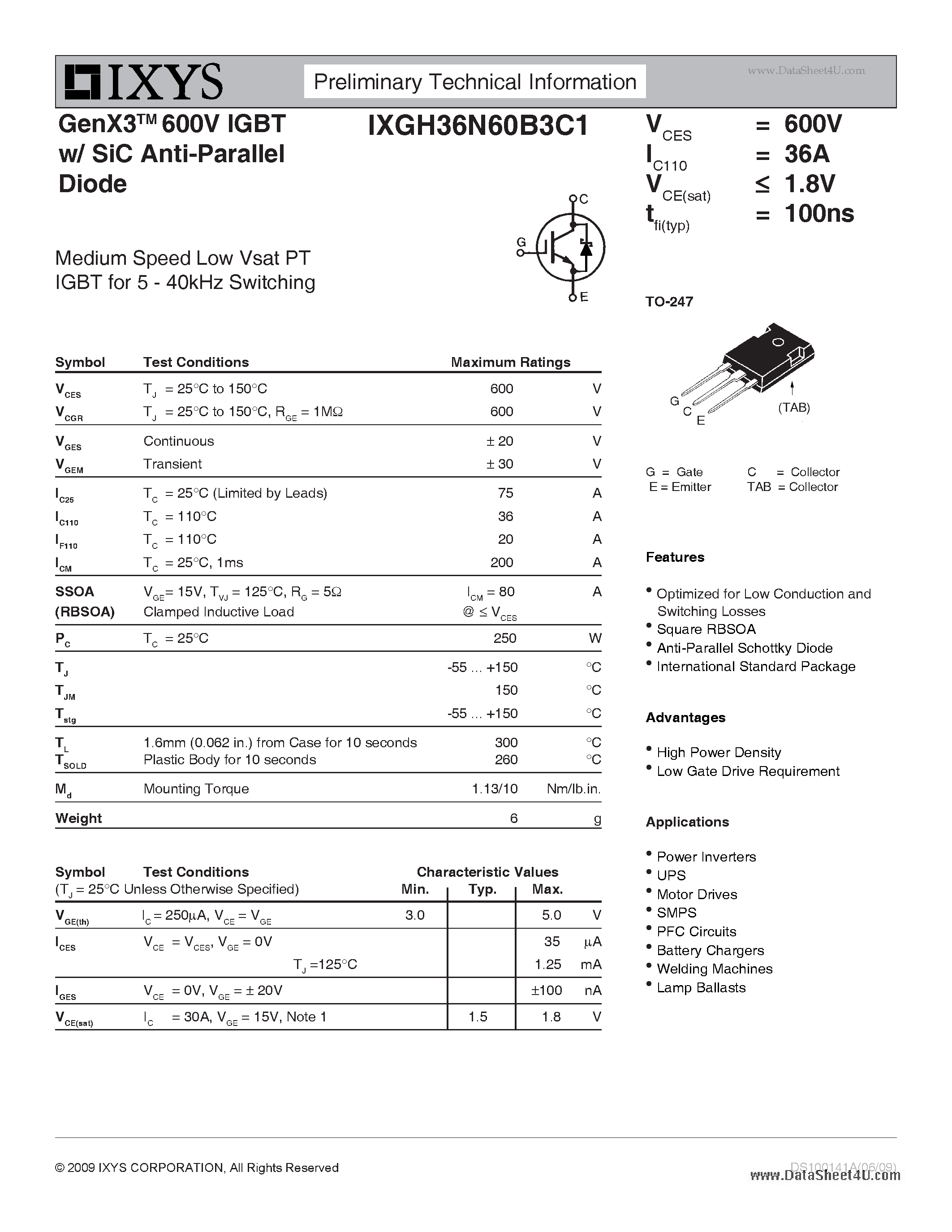 Datasheet IXGH36N60B3C1 - GenX3 600V IGBT w/ SiC Anti-Parallel Diode page 1