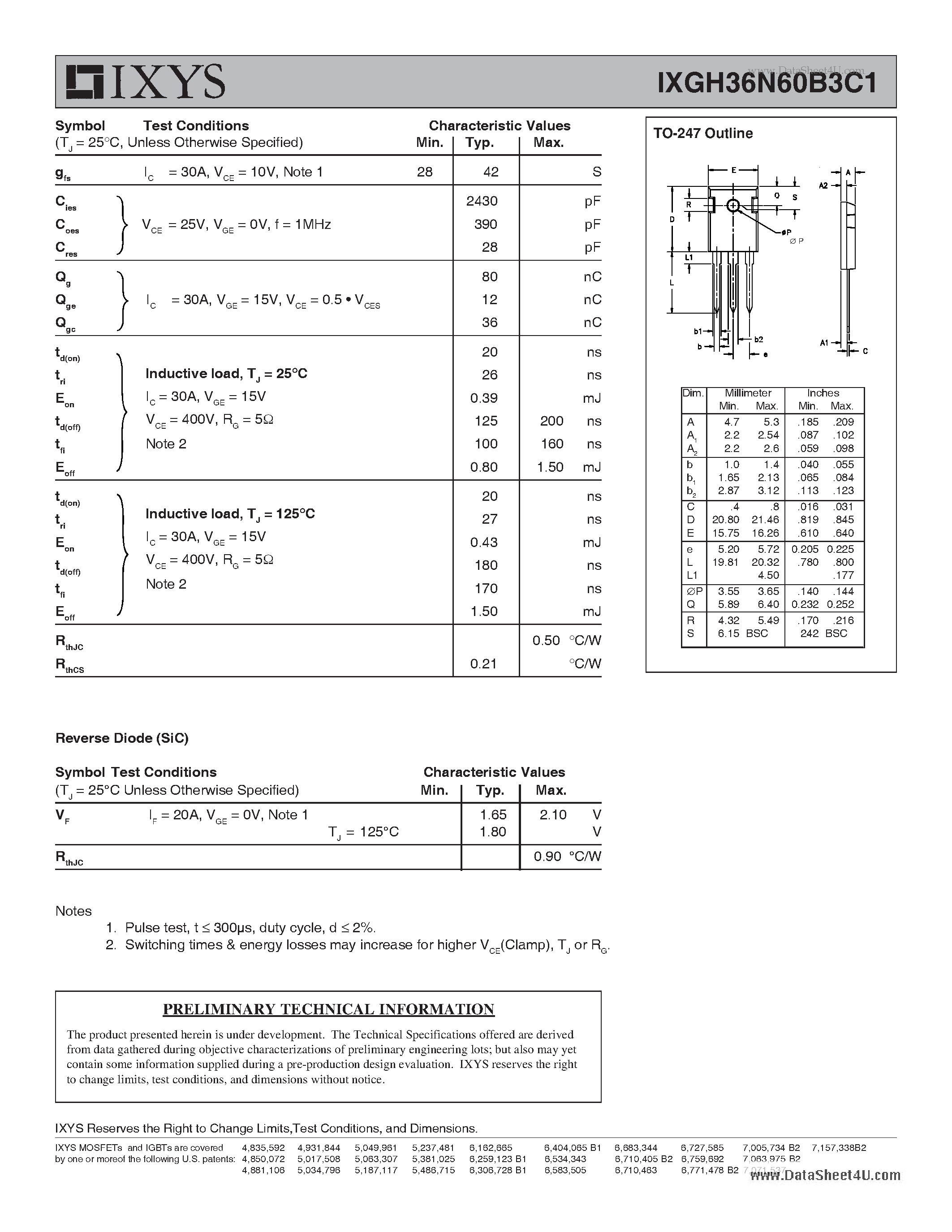 Datasheet IXGH36N60B3C1 - GenX3 600V IGBT w/ SiC Anti-Parallel Diode page 2