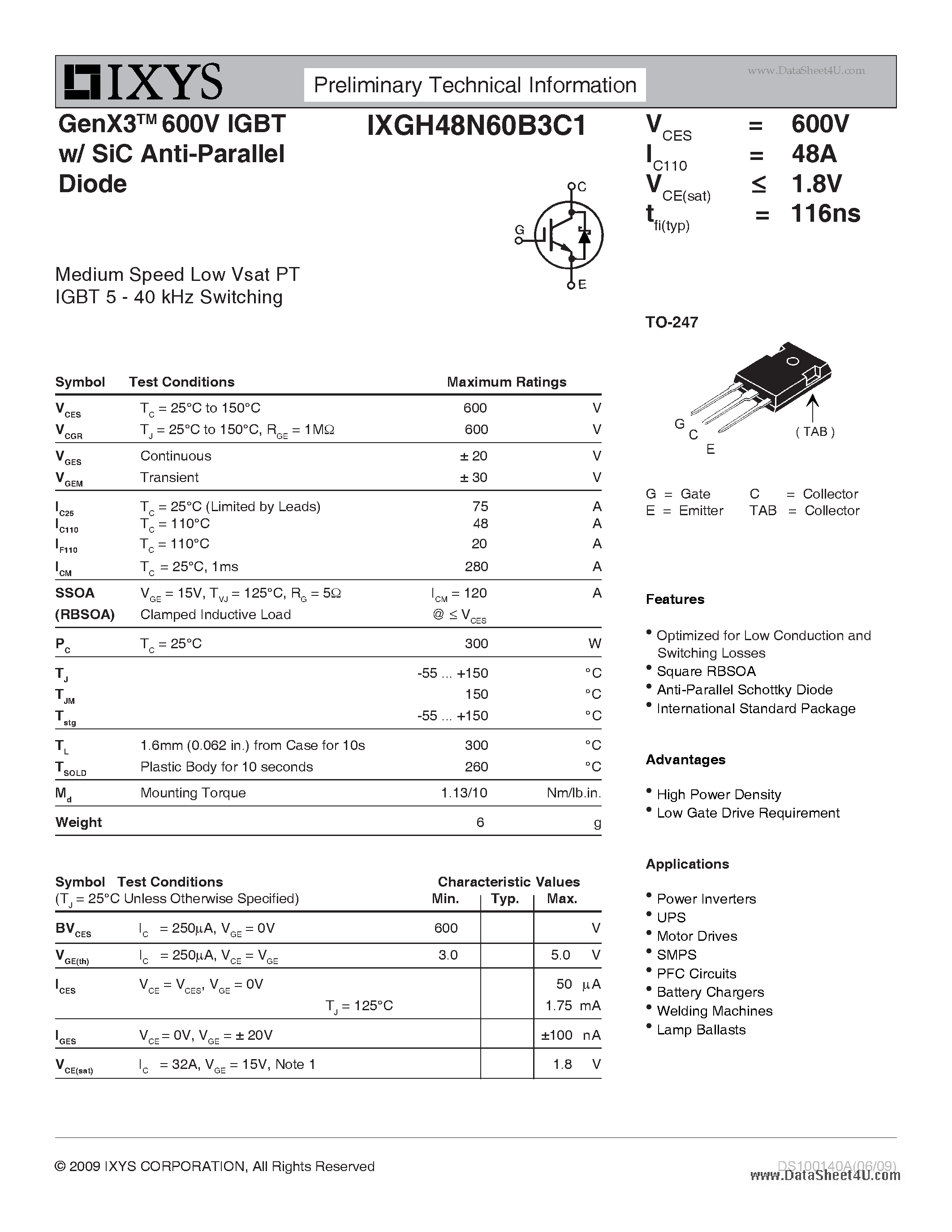 Datasheet IXGH48N60B3C1 - GenX3 600V IGBT w/ SiC Anti-Parallel Diode page 1