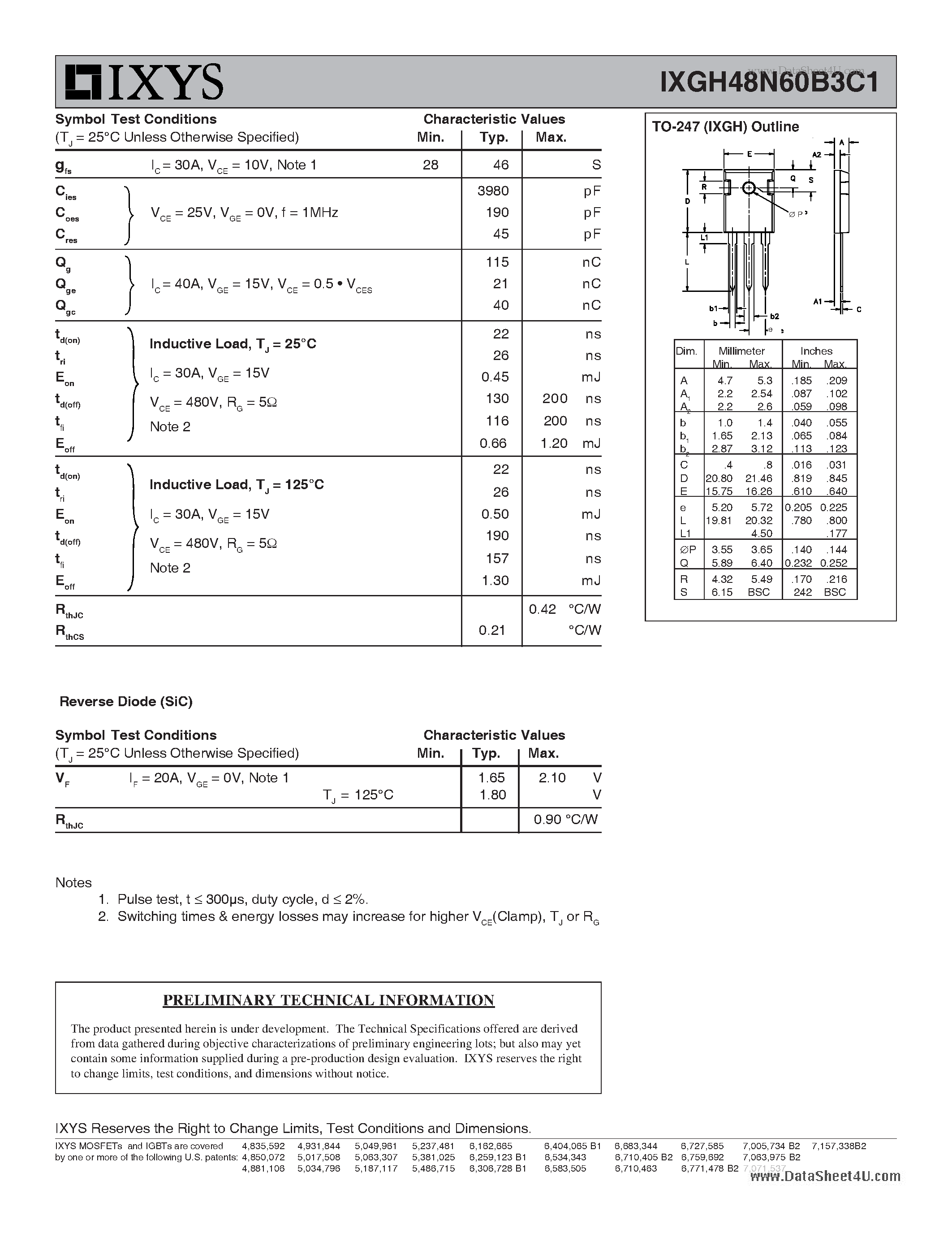 Datasheet IXGH48N60B3C1 - GenX3 600V IGBT w/ SiC Anti-Parallel Diode page 2